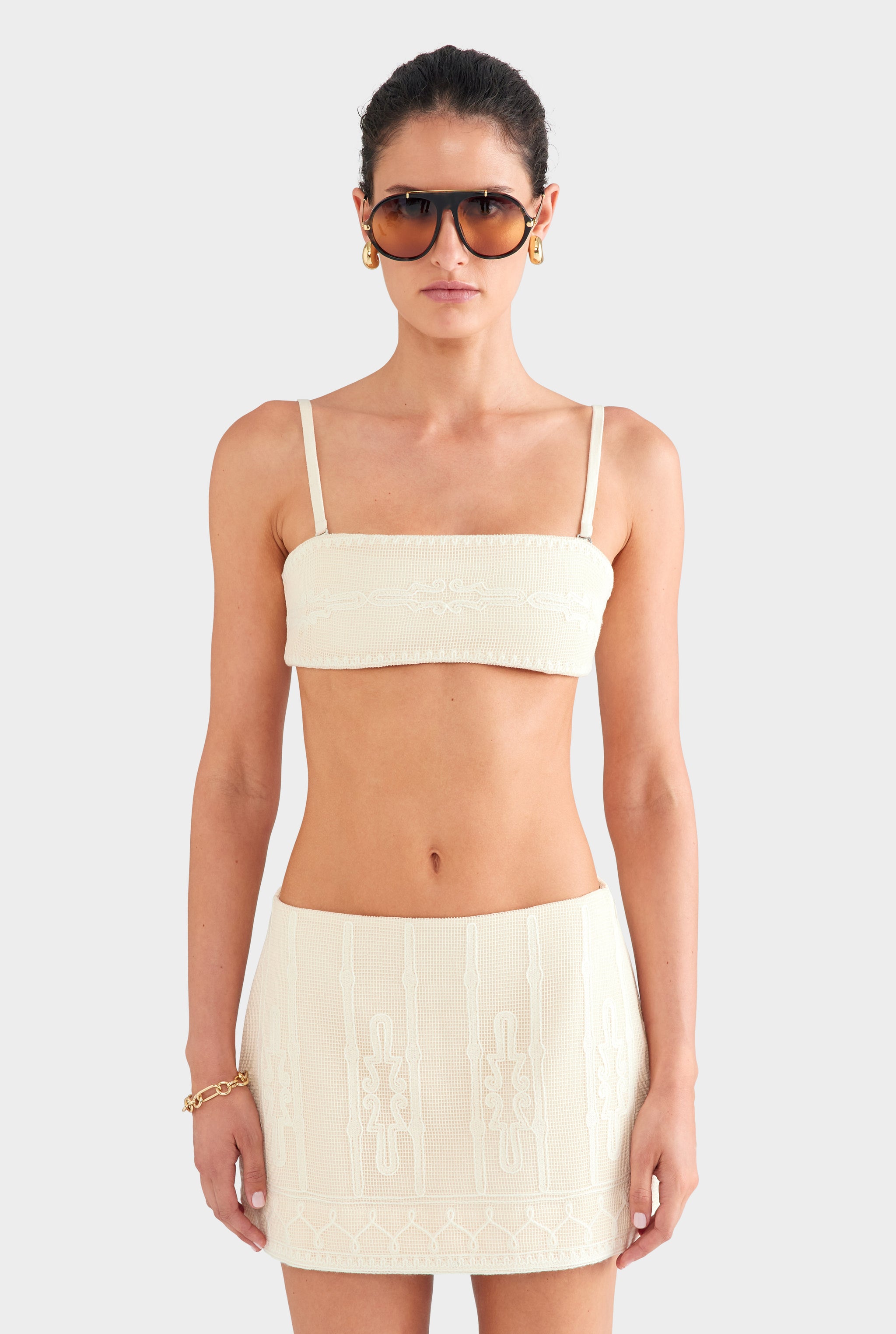 Embroidered Cotton Mesh Mini Skirt - Natural
