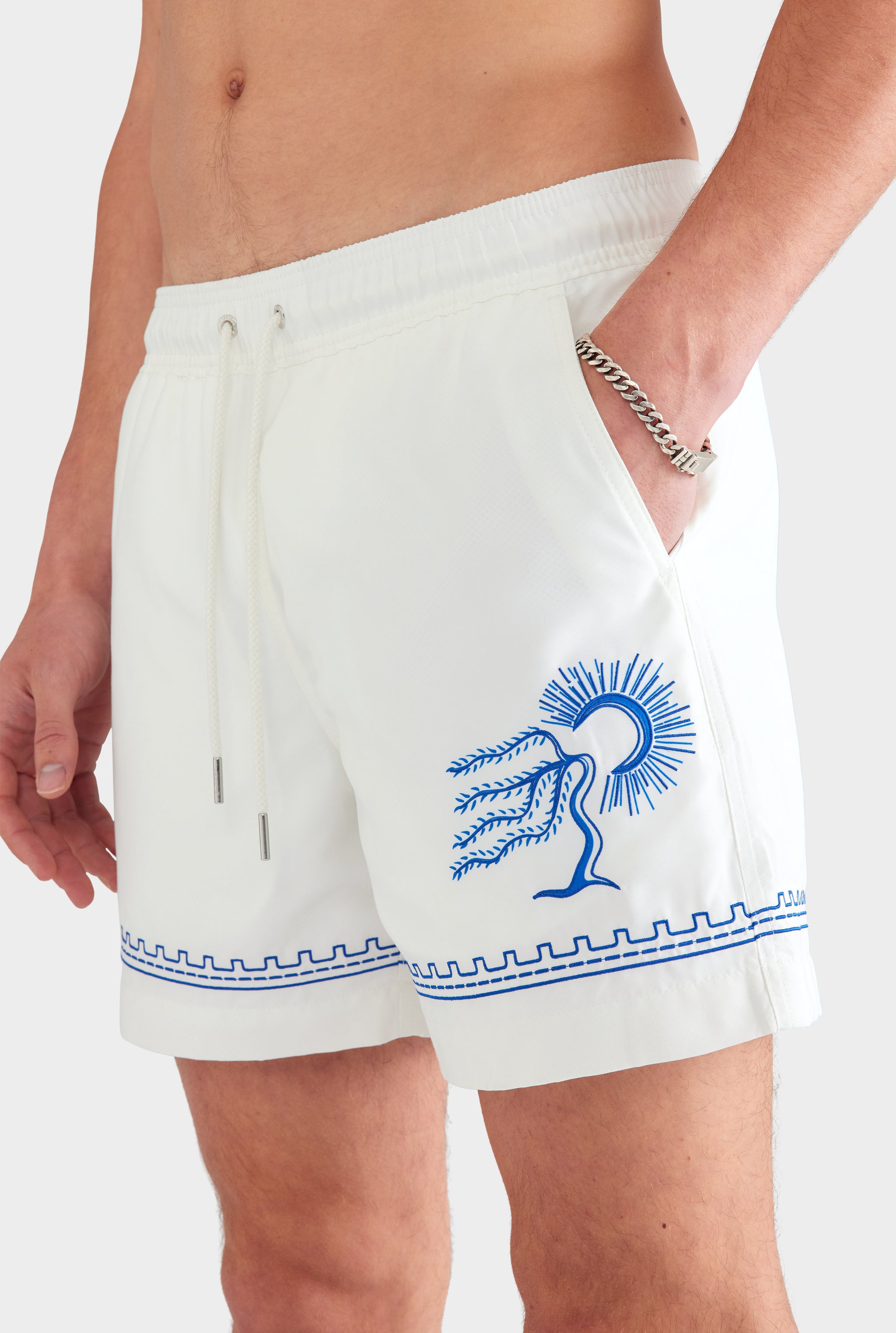 Embroidered Swim Short - Off White/Bright Blue