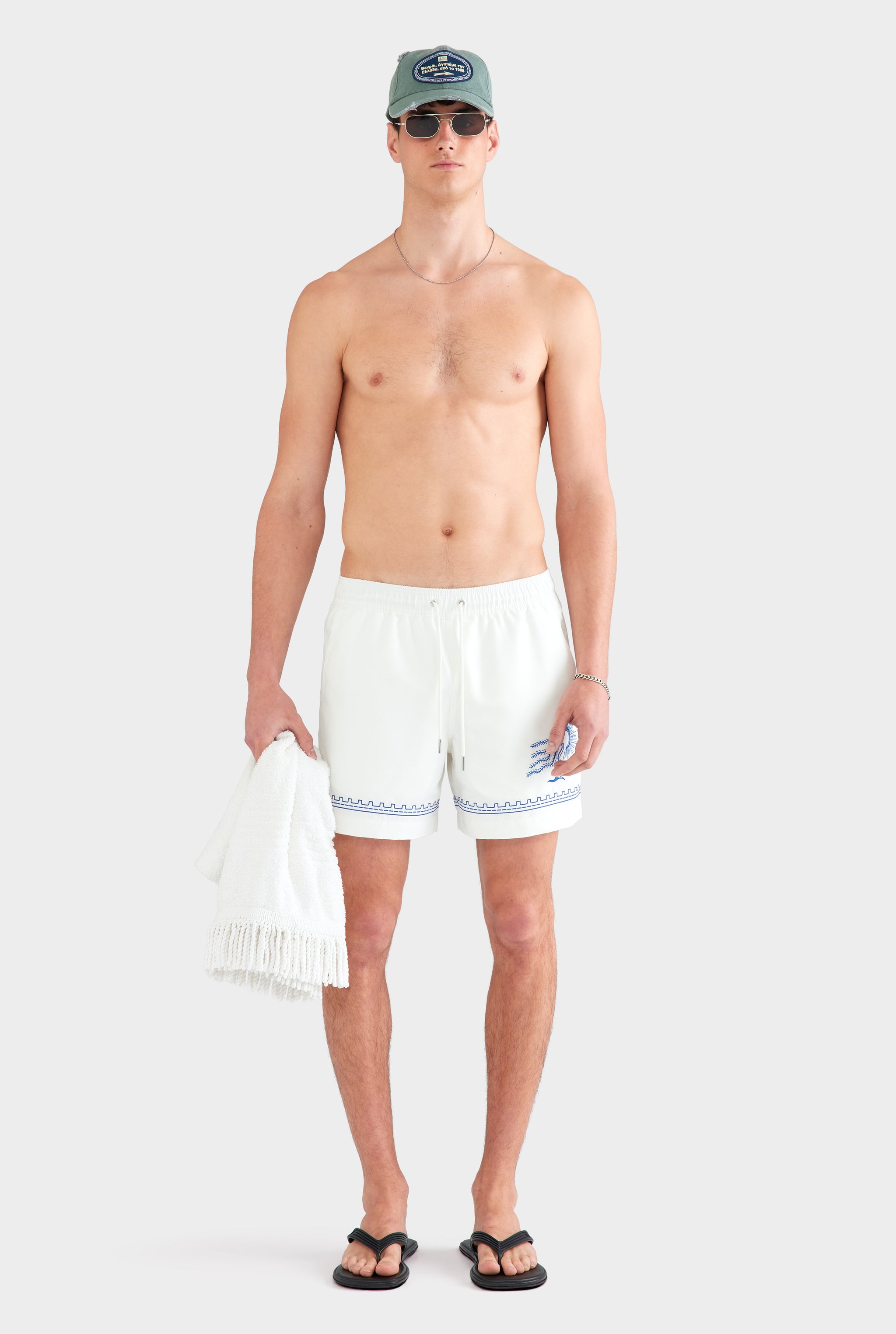 Embroidered Swim Short - Off White/Bright Blue