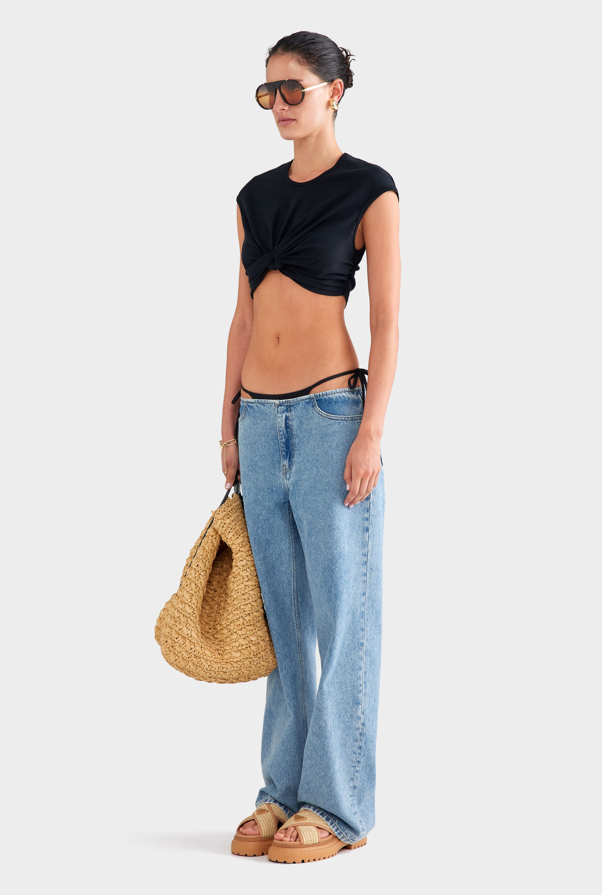 Jersey Knotted Cropped Tee - Black