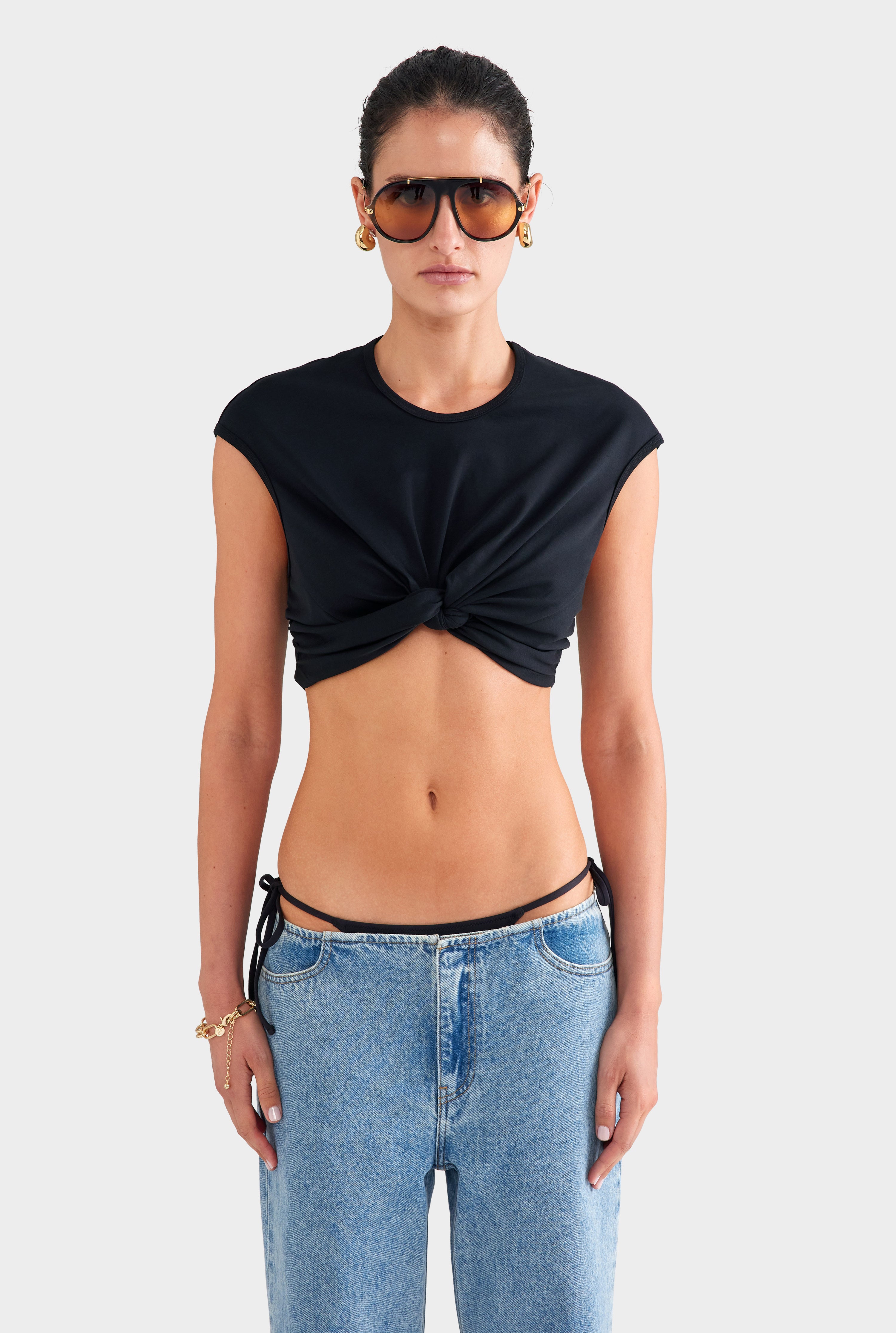 Jersey Knotted Cropped Tee - Black