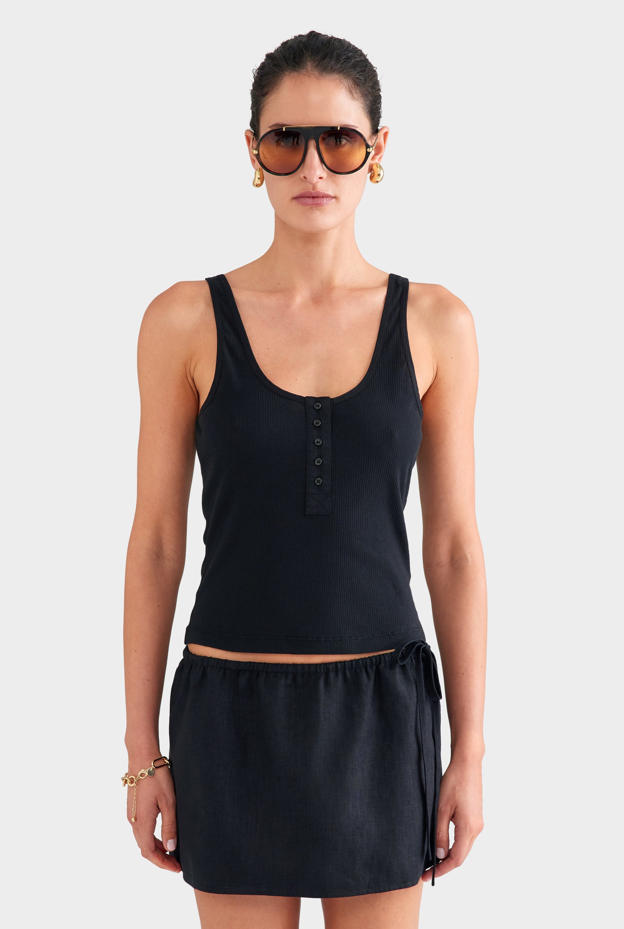 Side Tie Linen Mini Skirt - Black