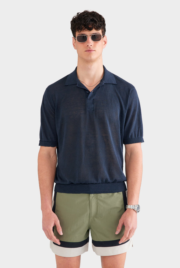 Linen Knit Polo - Navy