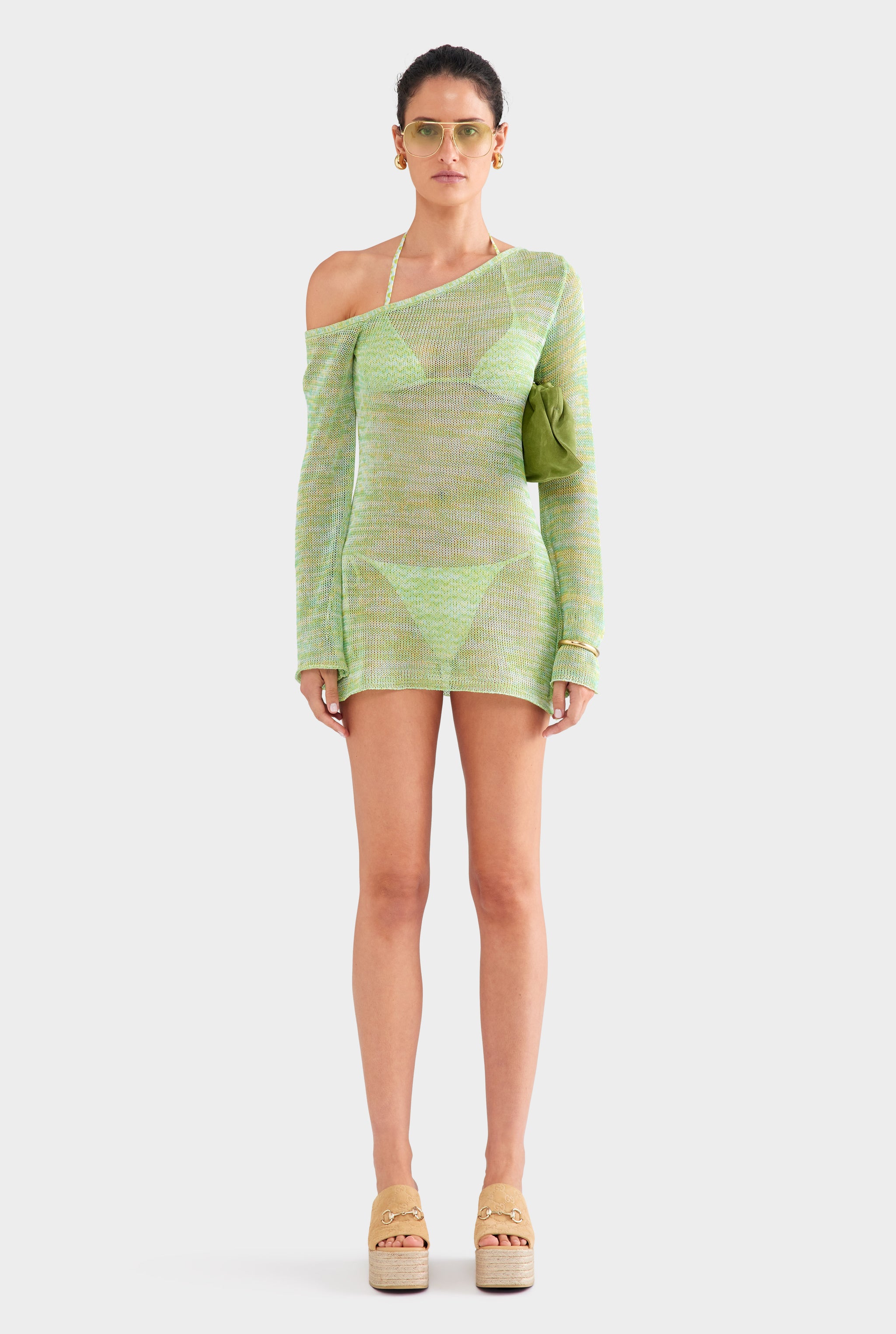 One Shoulder Open Knit Mini Dress - Green/Blue Marl