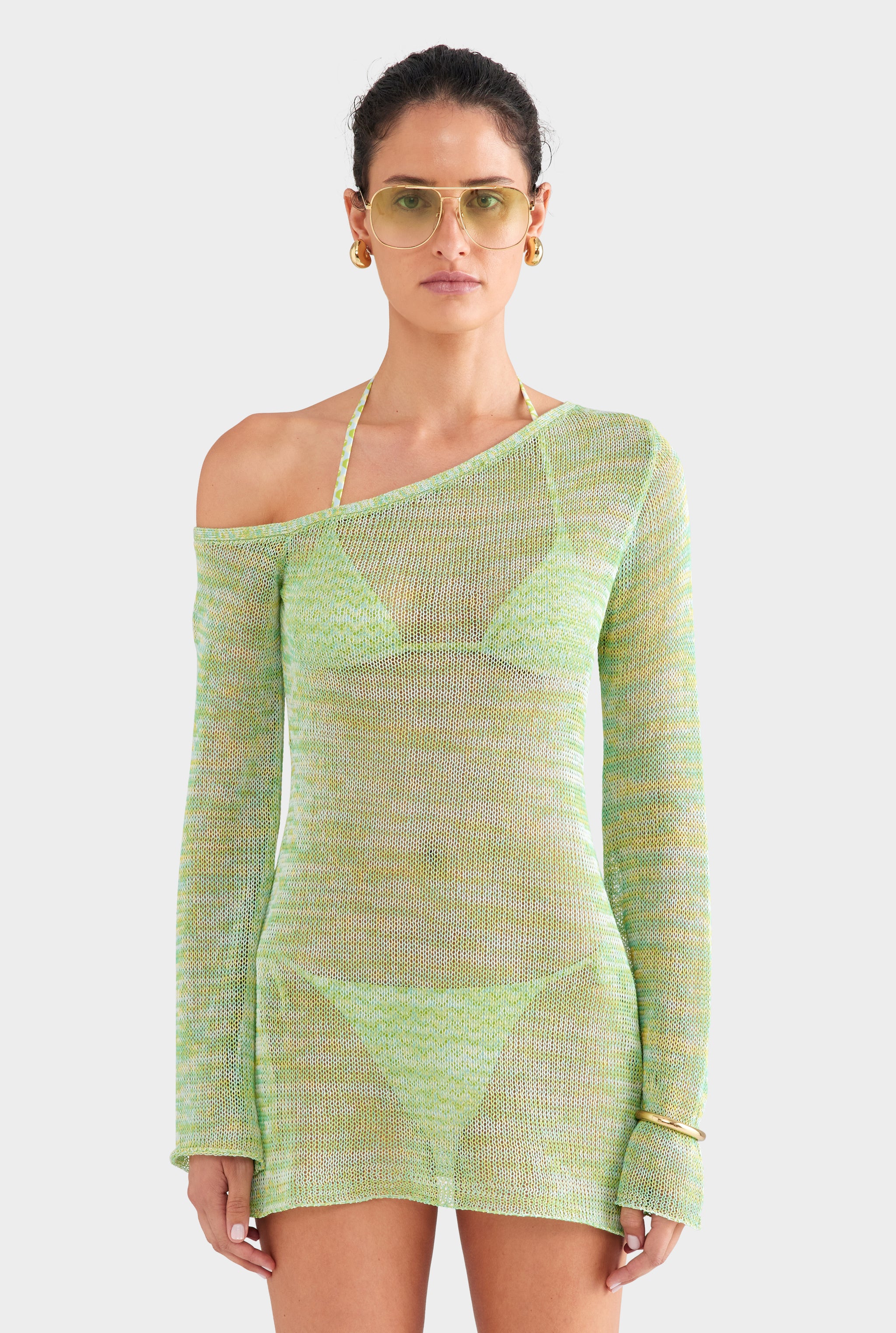 One Shoulder Open Knit Mini Dress - Green/Blue Marl