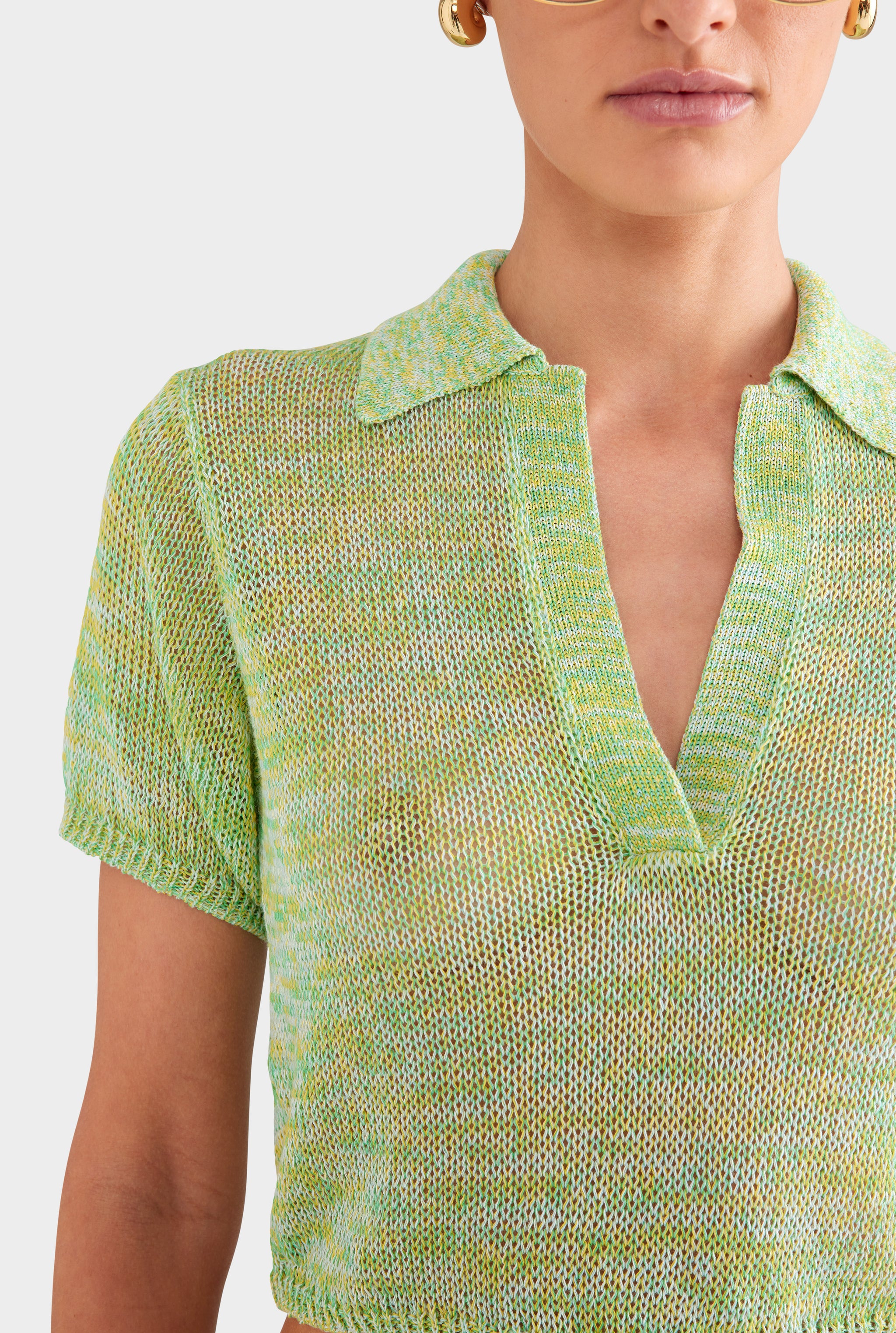 Open Knit Crop Polo - Green/Blue Marl