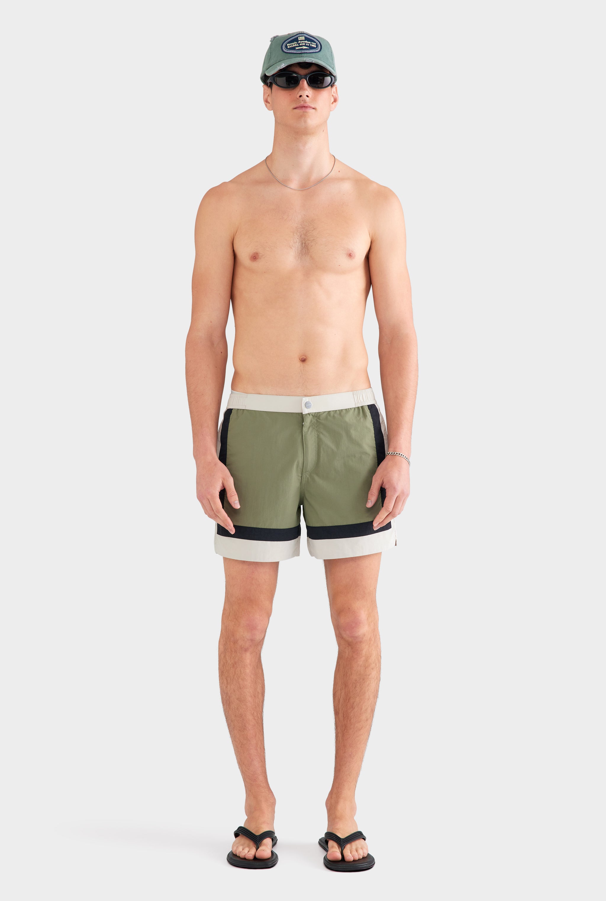 Panelled Fixed Waist Swim Short - Sage/Stone/Black