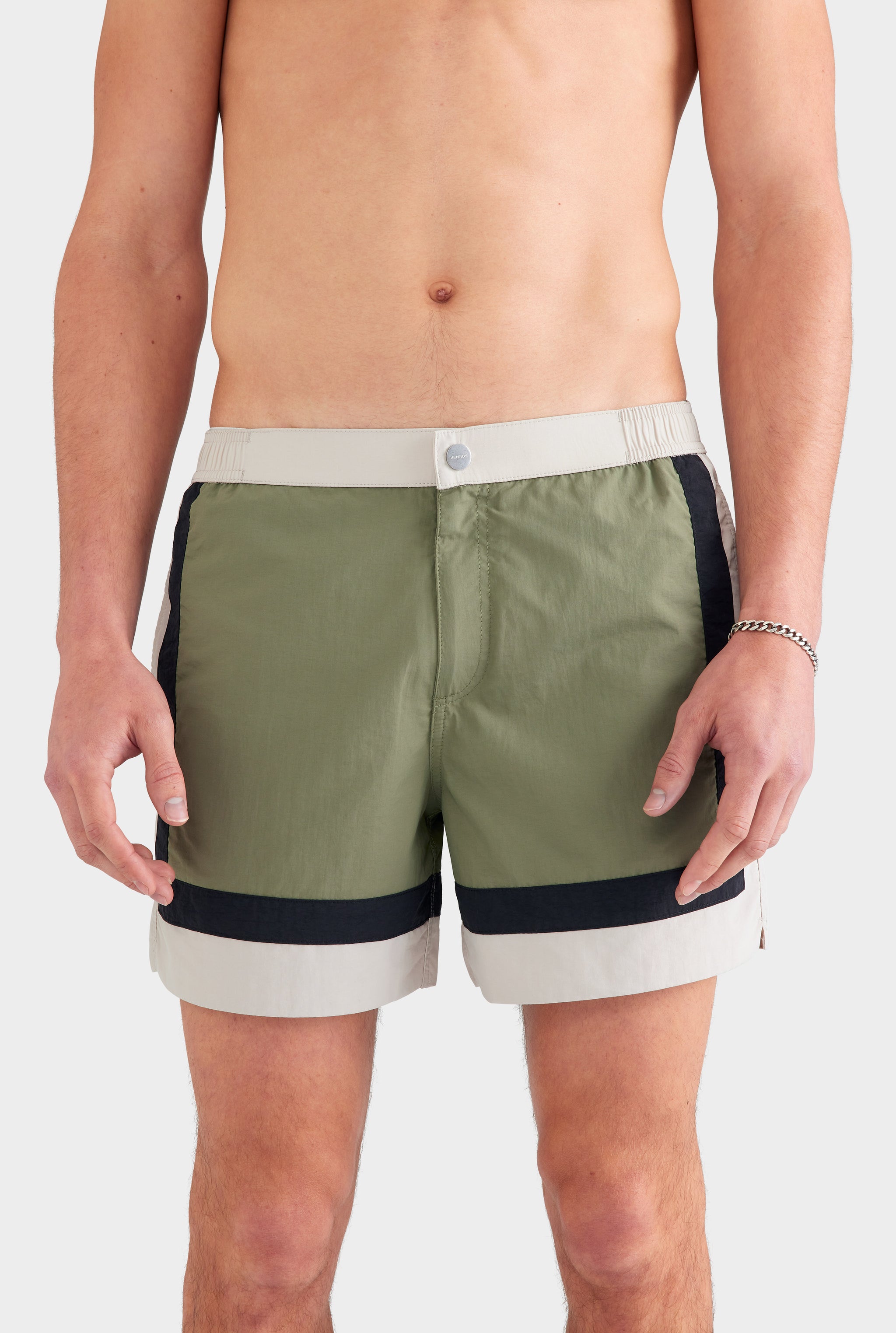 Panelled Fixed Waist Swim Short - Sage/Stone/Black