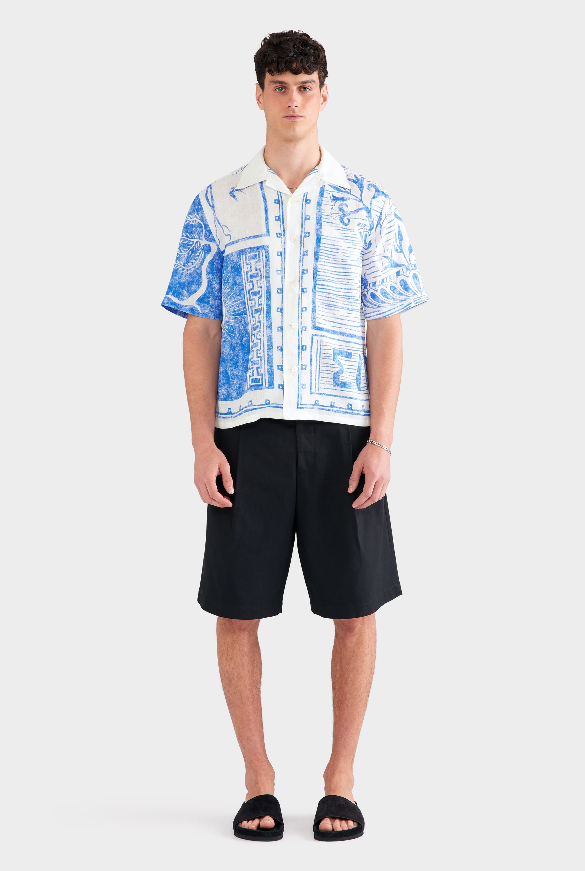 Printed Linen Camp Collar Shirt - White/Blue Greek Stamp