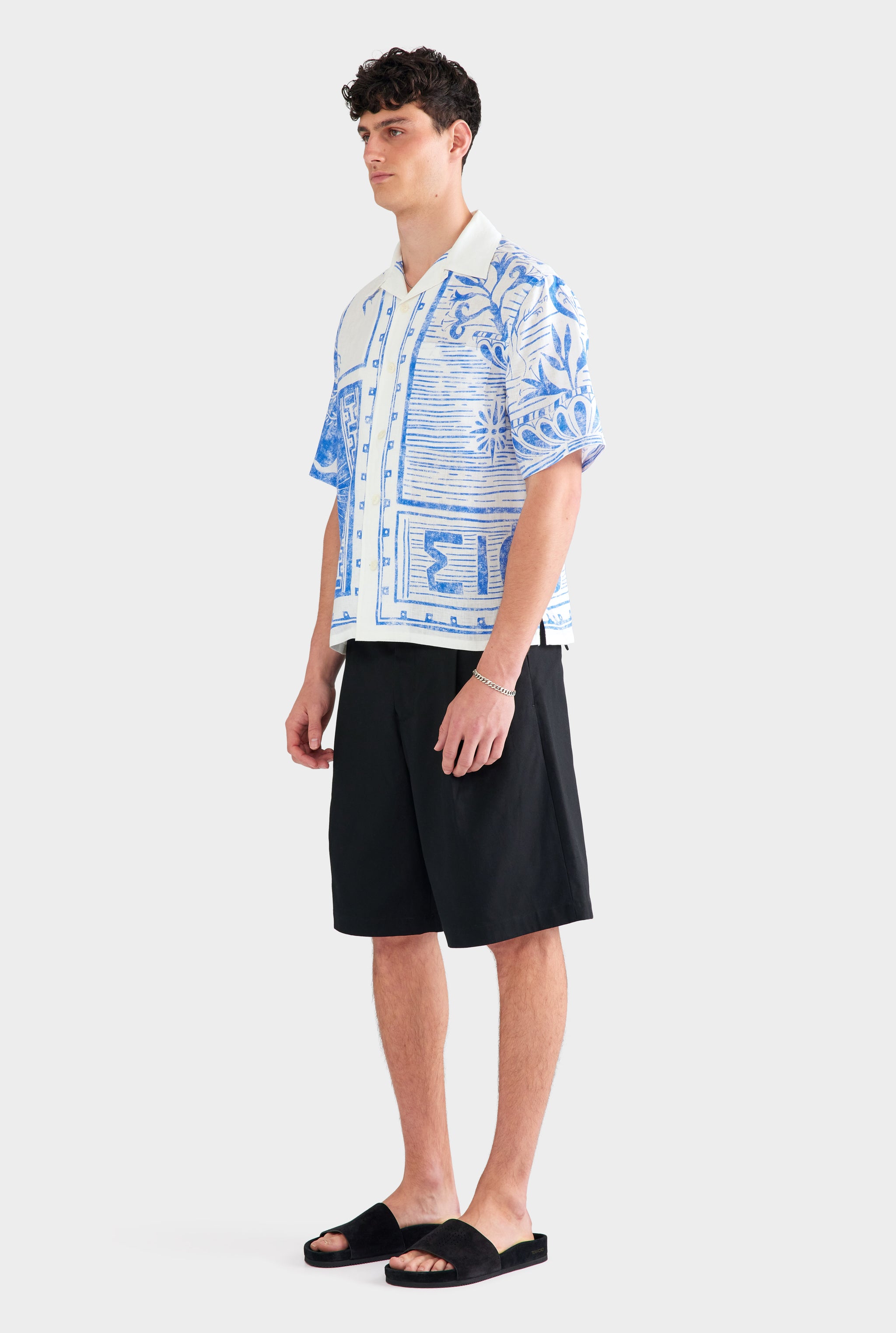Printed Linen Camp Collar Shirt - White/Blue Greek Stamp