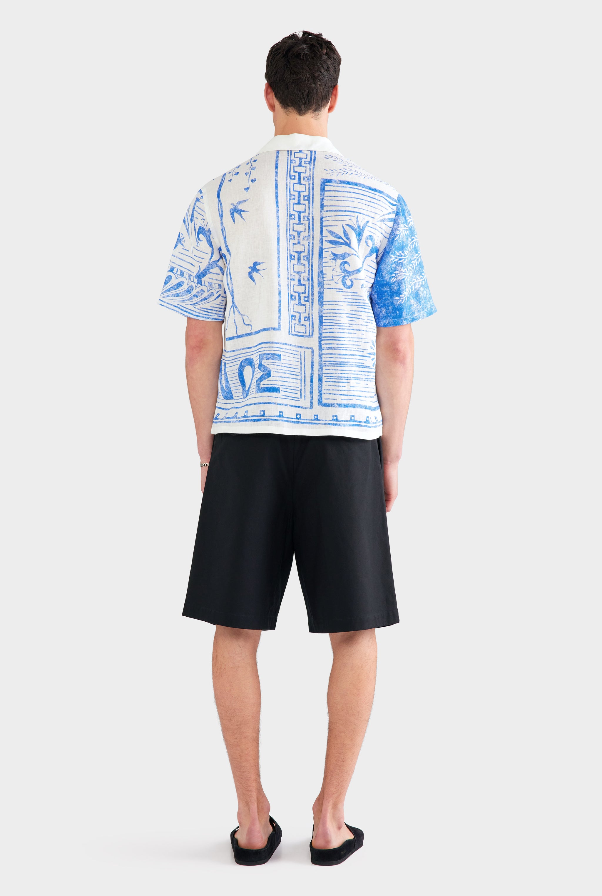 Printed Linen Camp Collar Shirt - White/Blue Greek Stamp