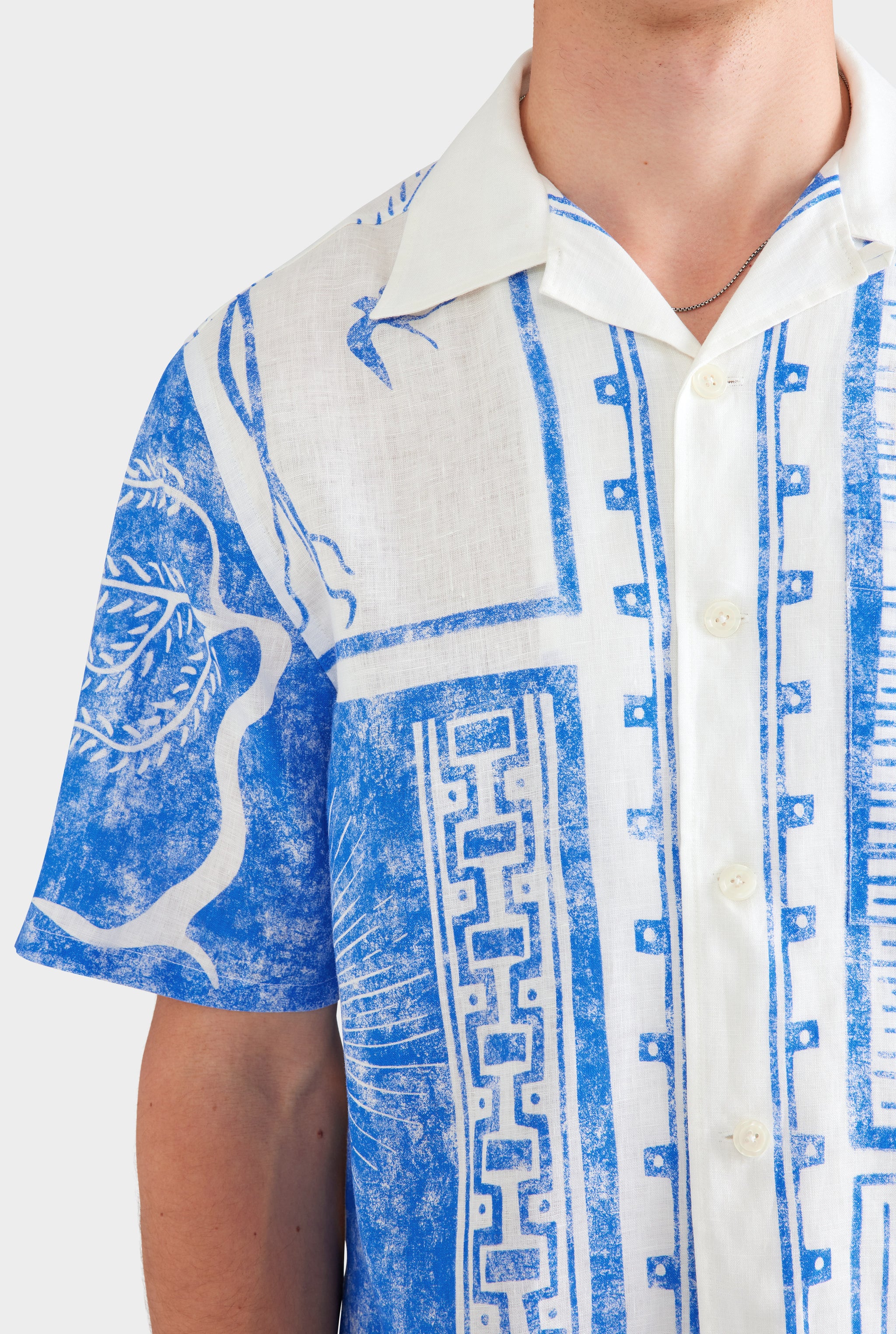 Printed Linen Camp Collar Shirt - White/Blue Greek Stamp