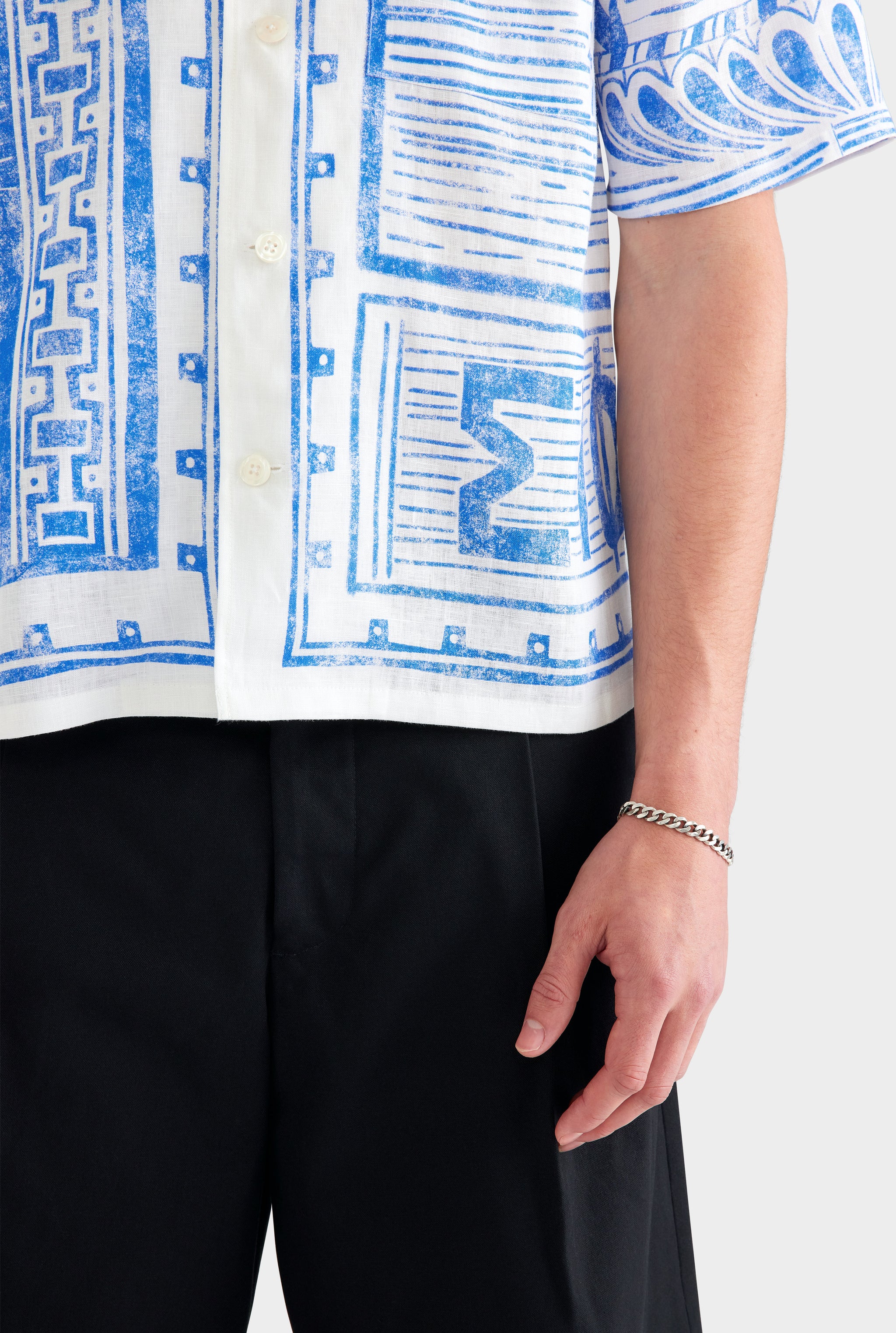 Printed Linen Camp Collar Shirt - White/Blue Greek Stamp