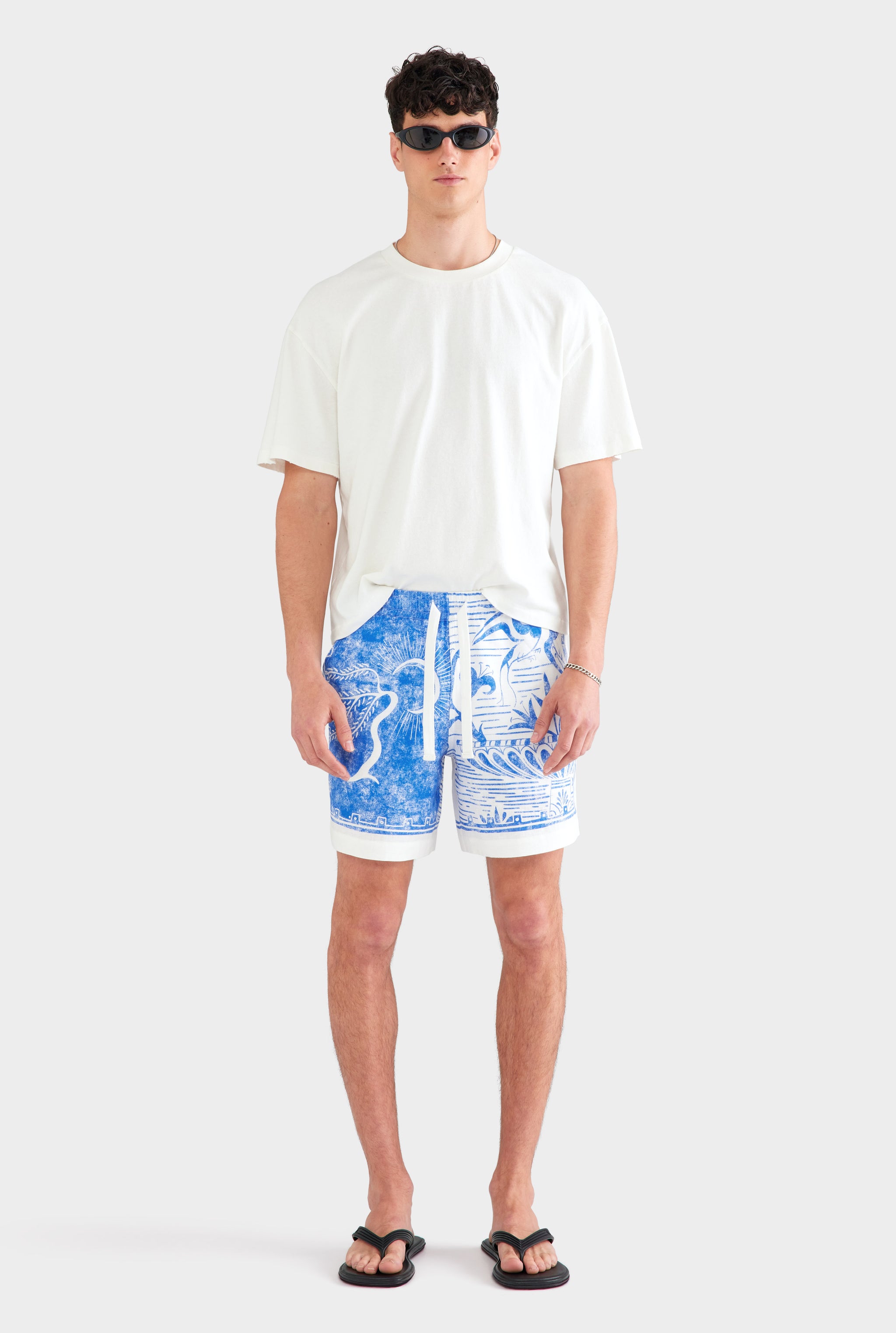 Printed Linen Short - White/Blue Greek Stamp