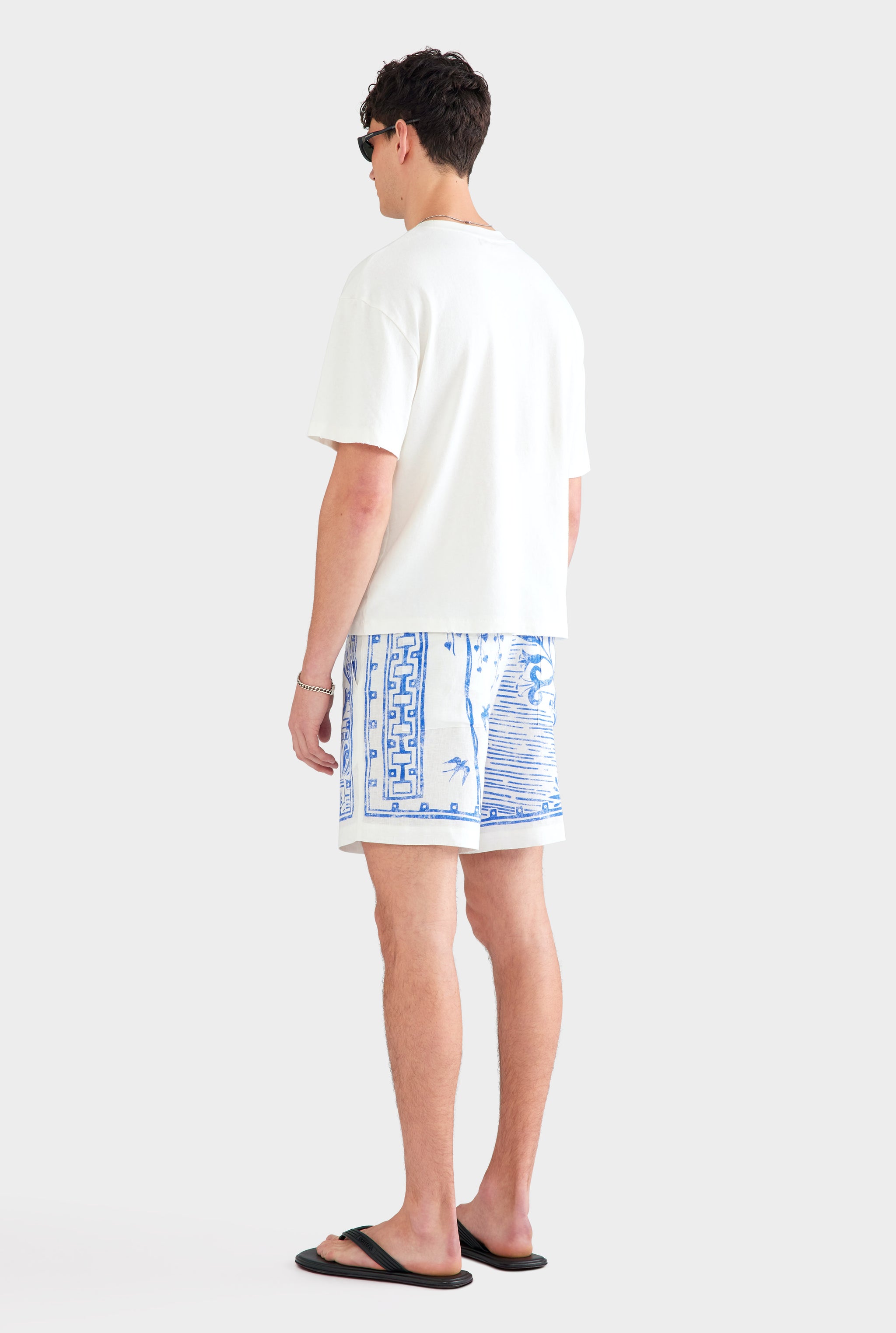 Printed Linen Short - White/Blue Greek Stamp