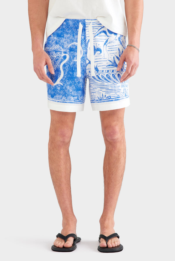 Printed Linen Short - White/Blue Greek Stamp