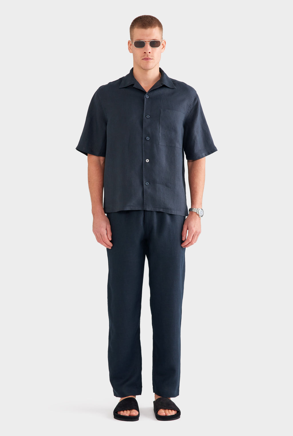 Linen Camp Collar Shirt - Navy