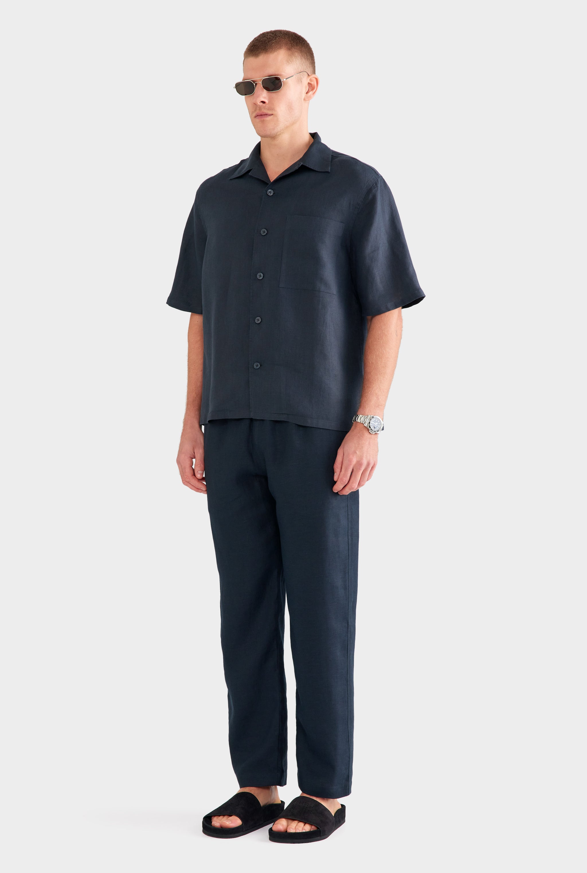 Linen Camp Collar Shirt - Navy