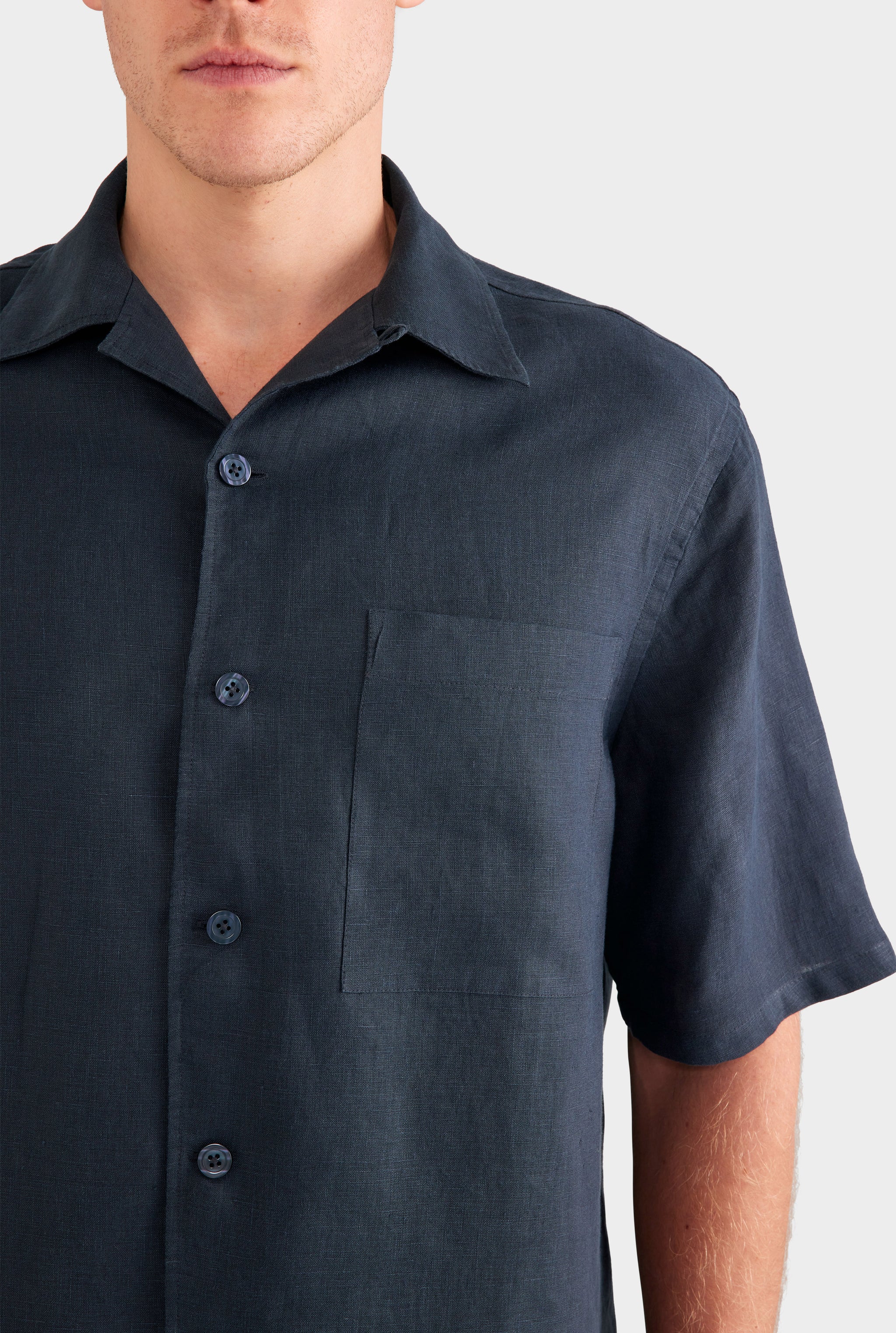 Linen Camp Collar Shirt - Navy