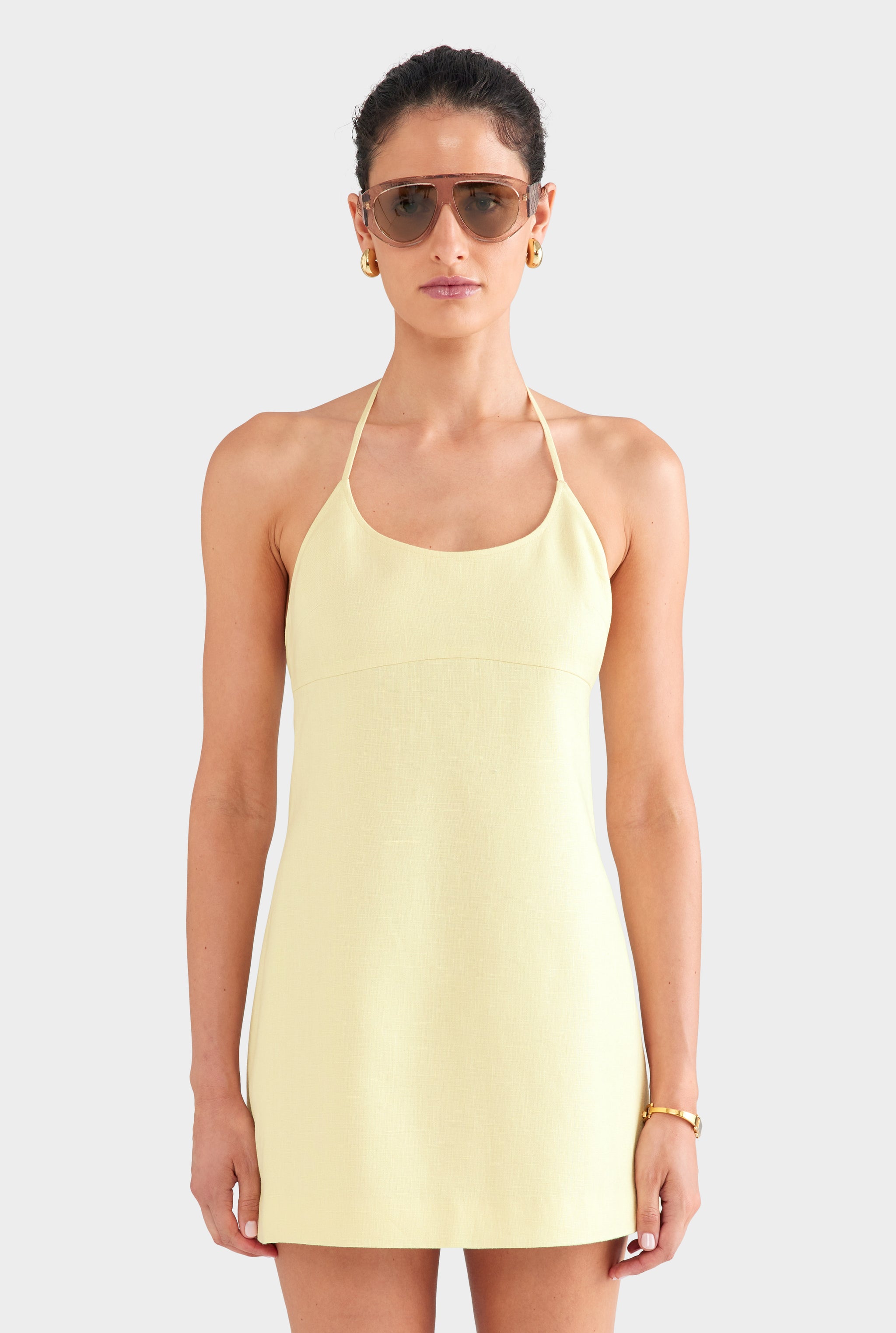 Scoop Neck Linen Halter Mini Dress - Pastel Yellow
