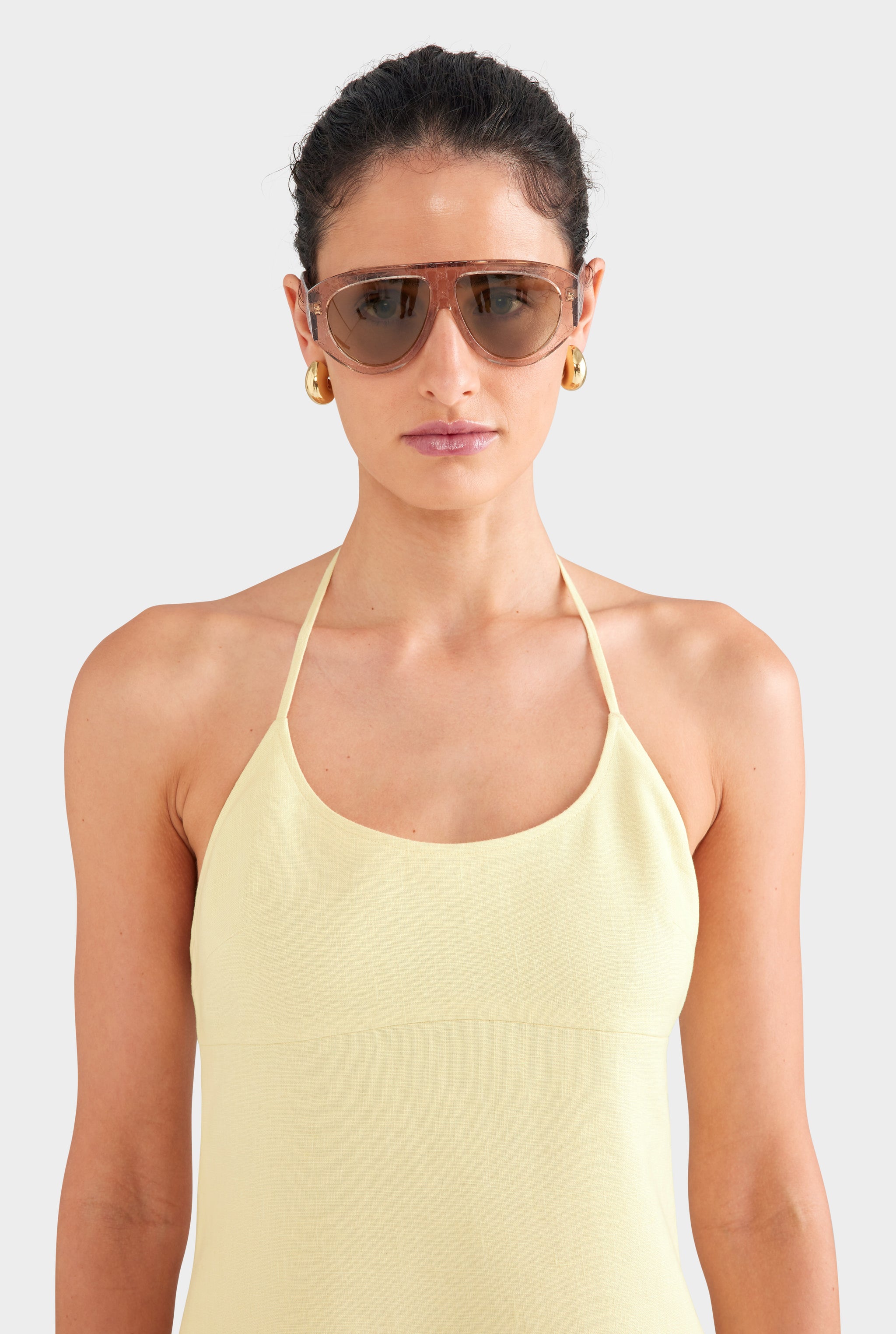 Scoop Neck Linen Halter Mini Dress - Pastel Yellow