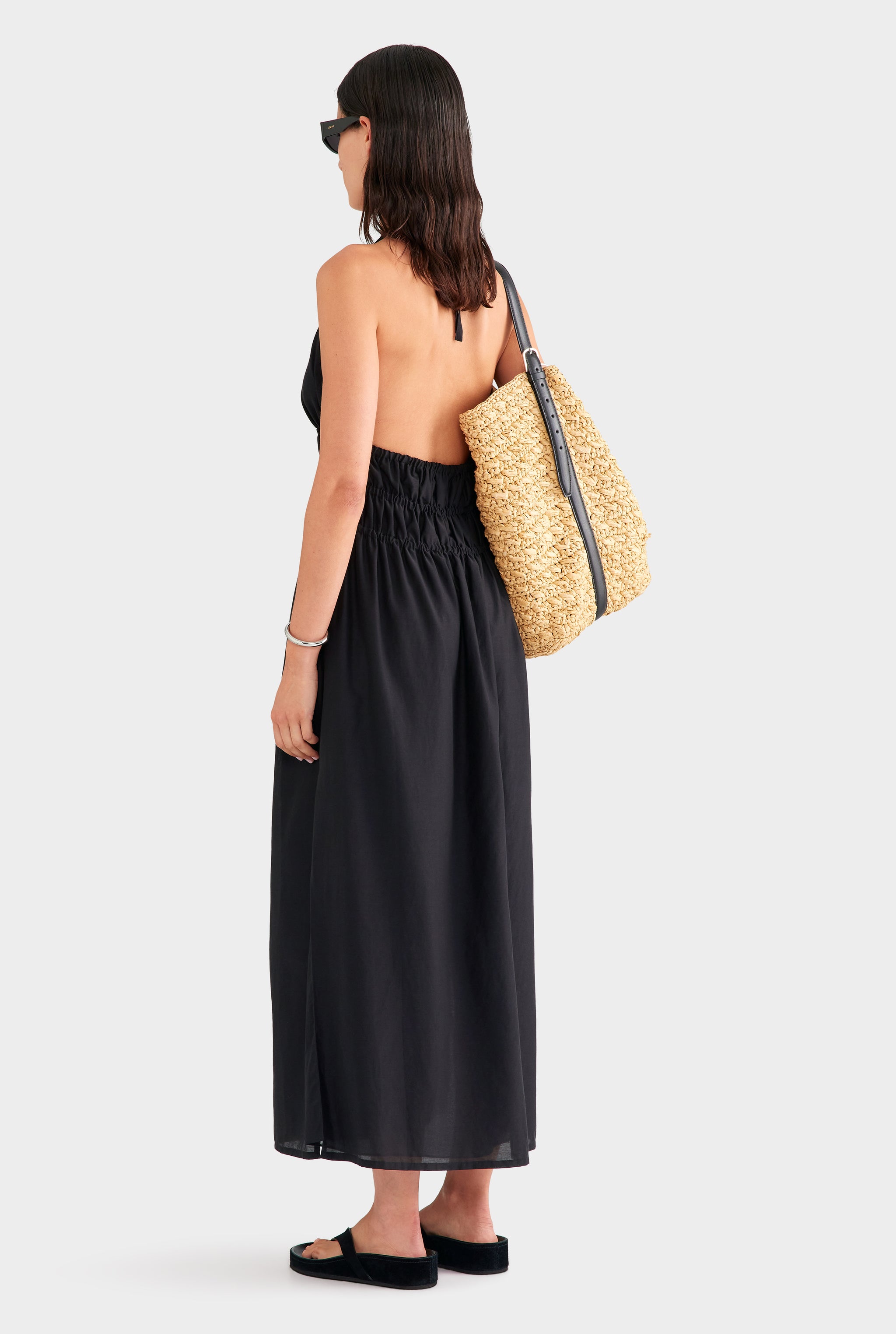 Silk Cotton Gathered Halter Maxi Dress - Black