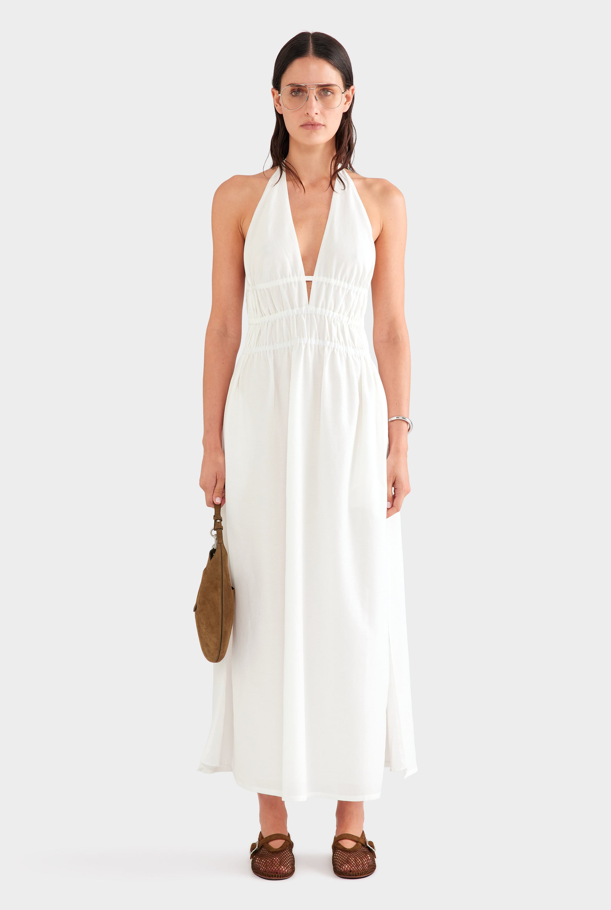 Silk Cotton Gathered Halter Maxi Dress - White