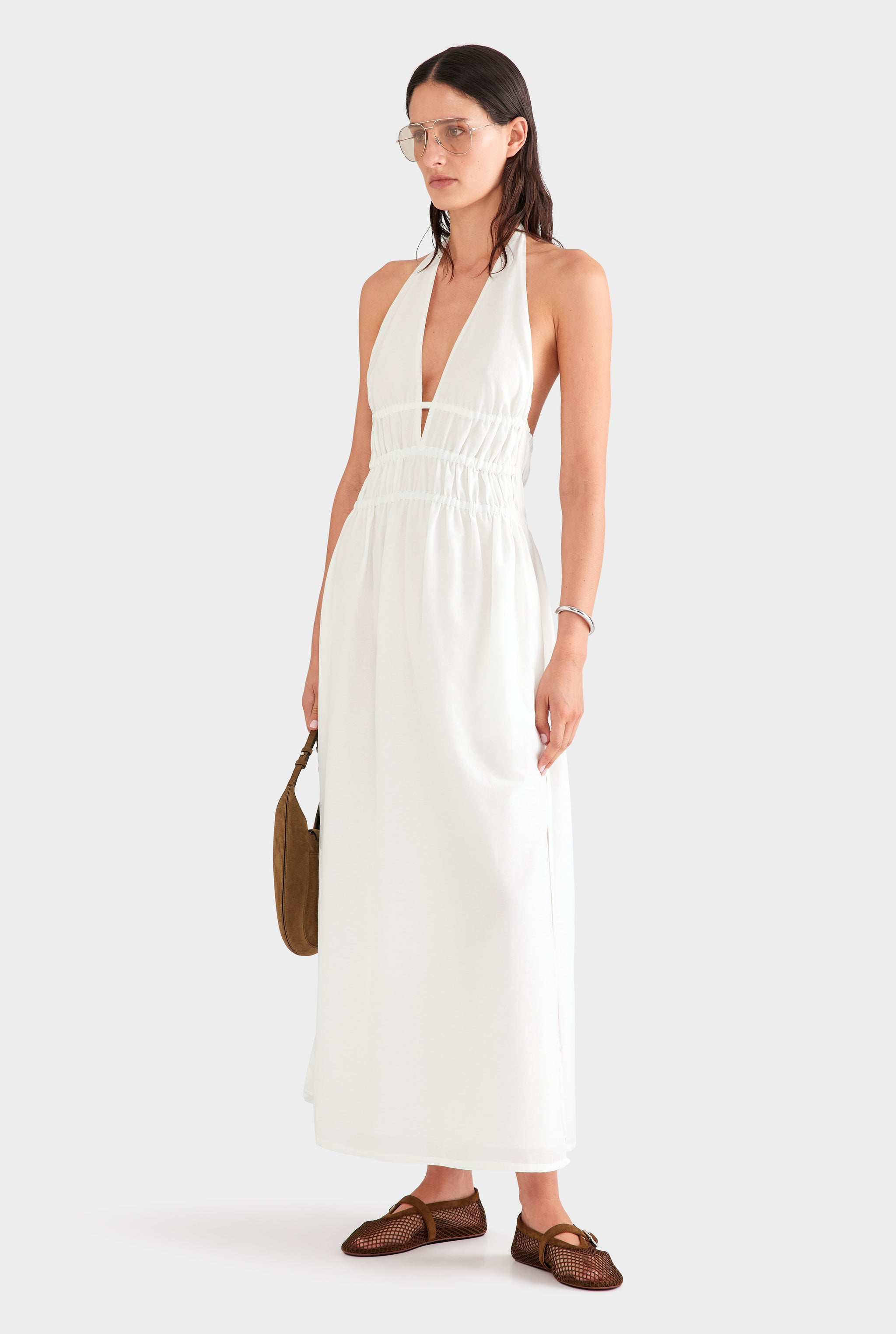 Silk Cotton Gathered Halter Maxi Dress - White