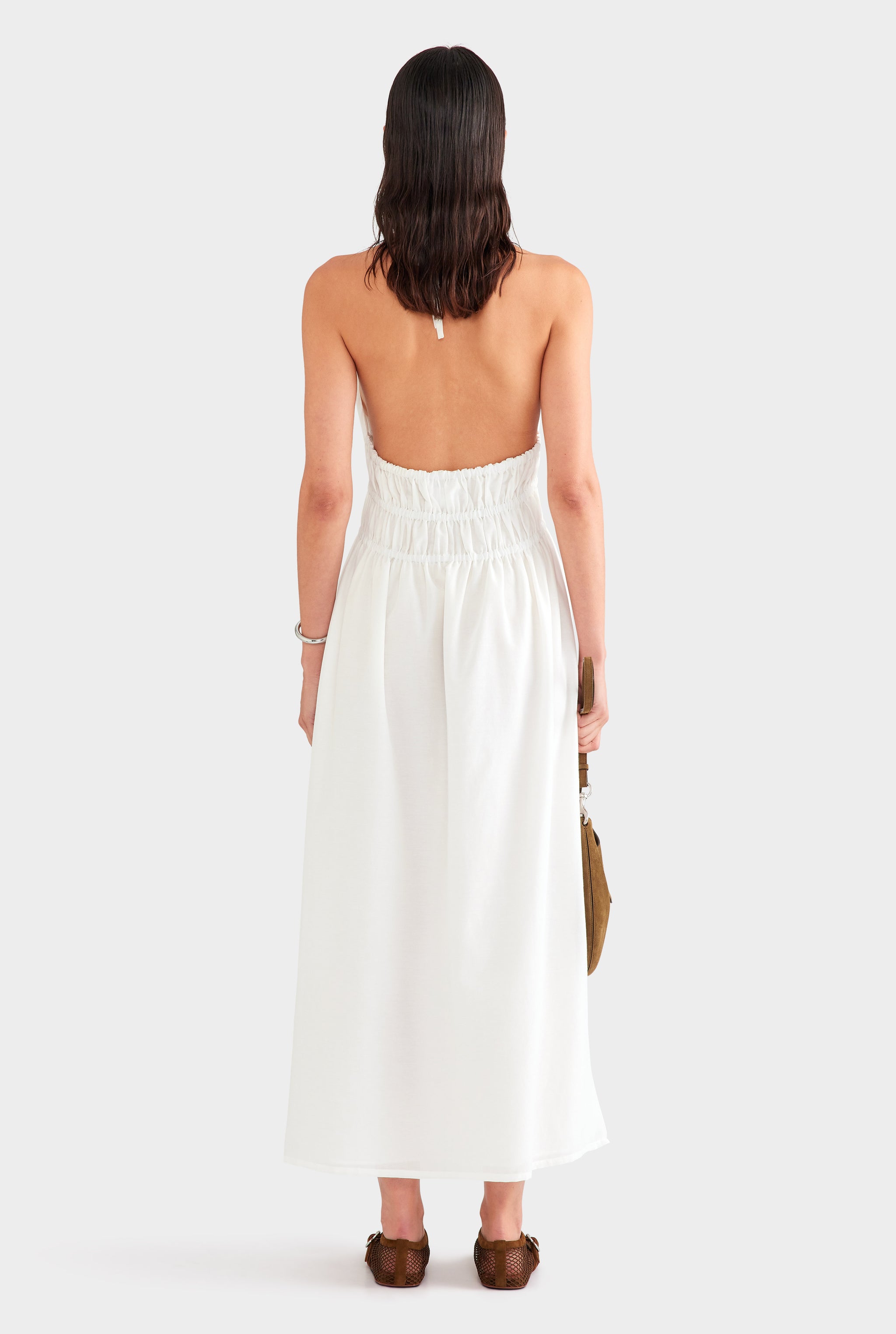 Silk Cotton Gathered Halter Maxi Dress - White