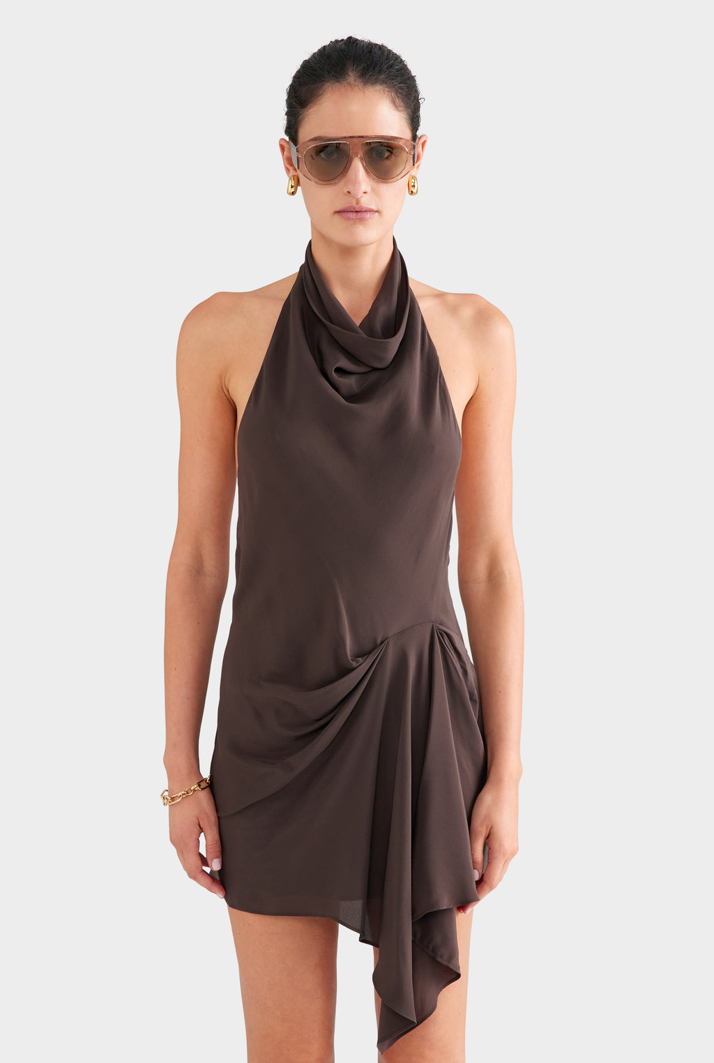 Draped Halter Mini Dress - Dark Chocolate