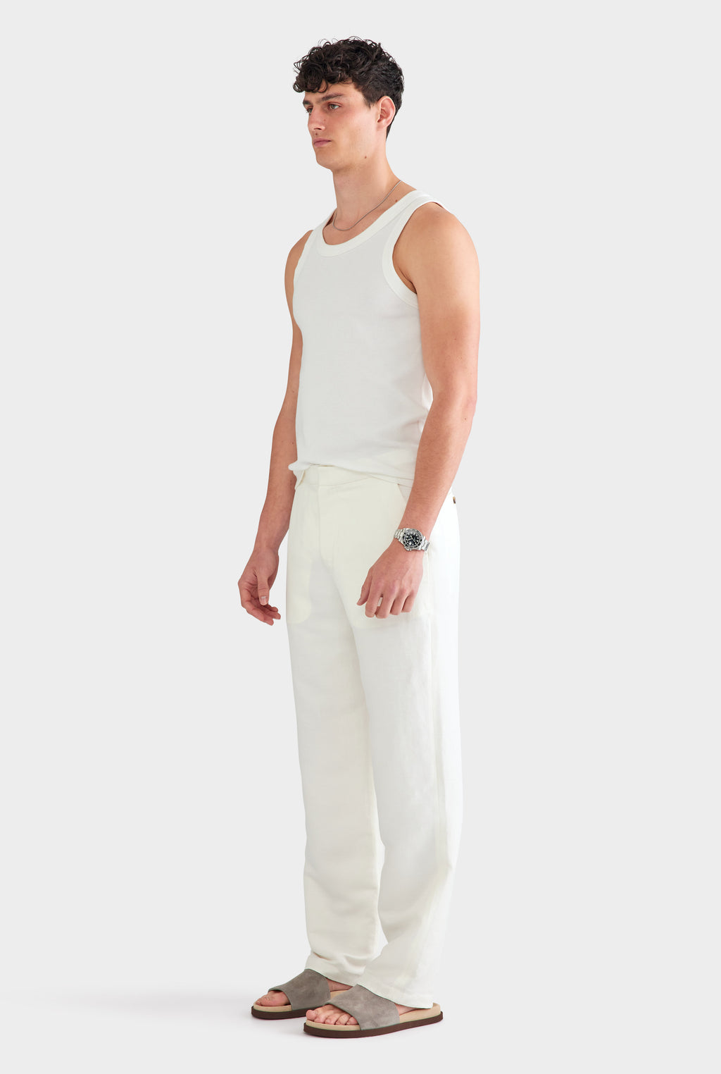 Silk Linen Side Tab Trouser - Cream
