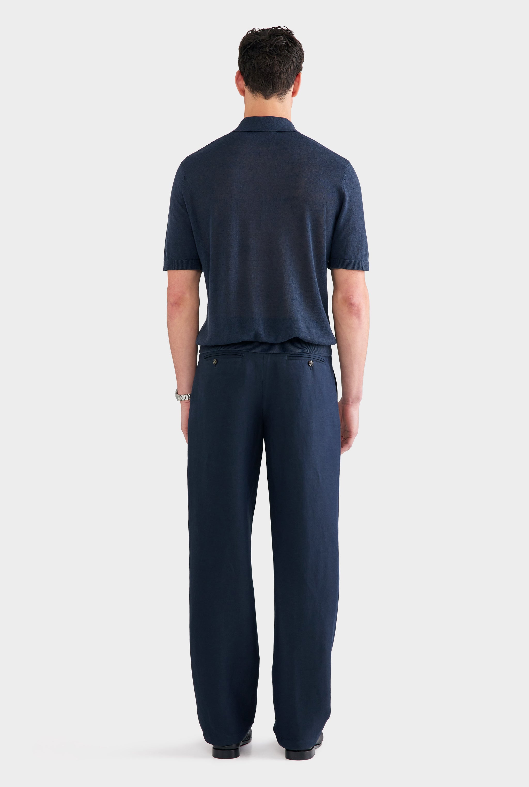 Silk Linen Side Tab Trouser - Navy