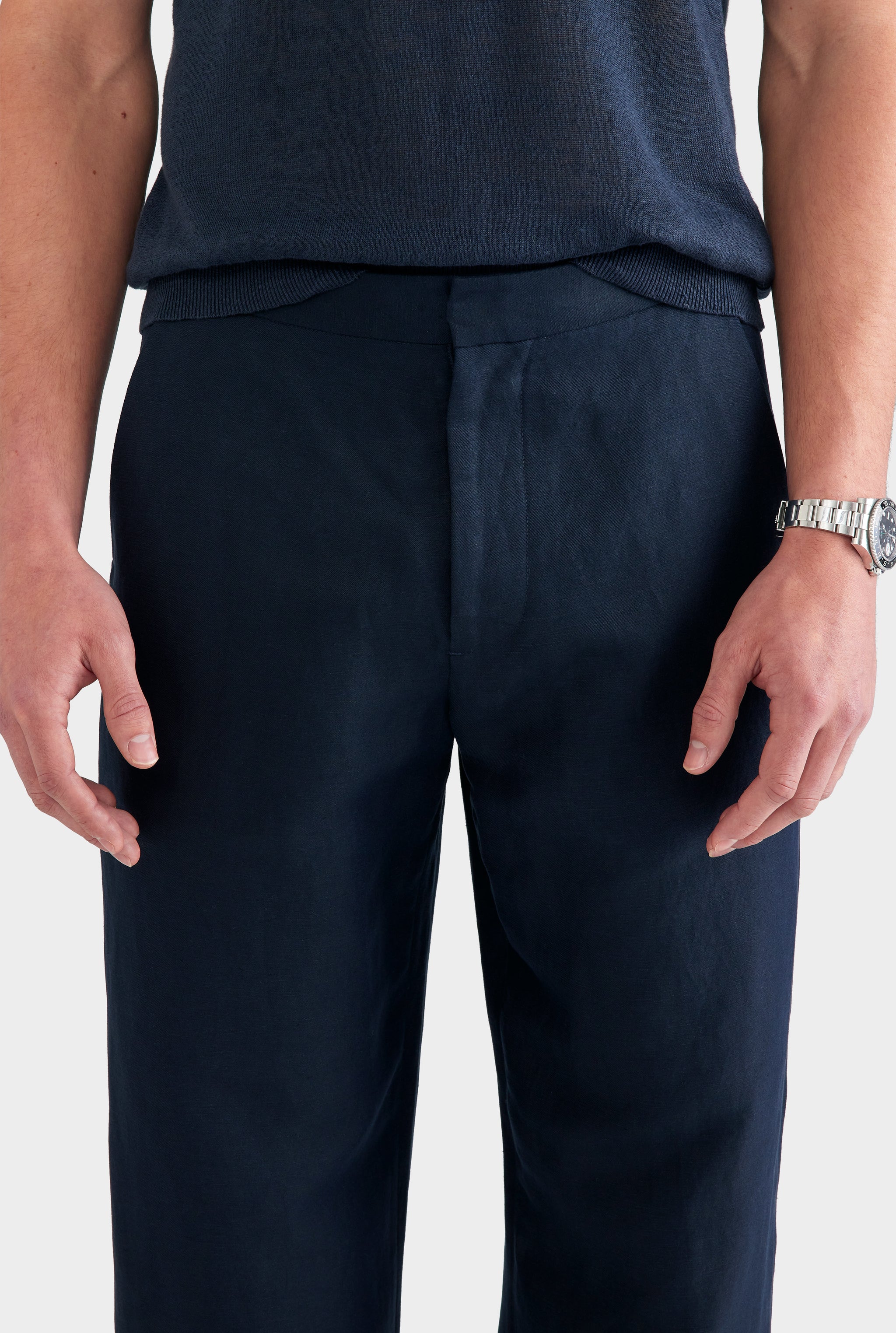 Silk Linen Side Tab Trouser - Navy