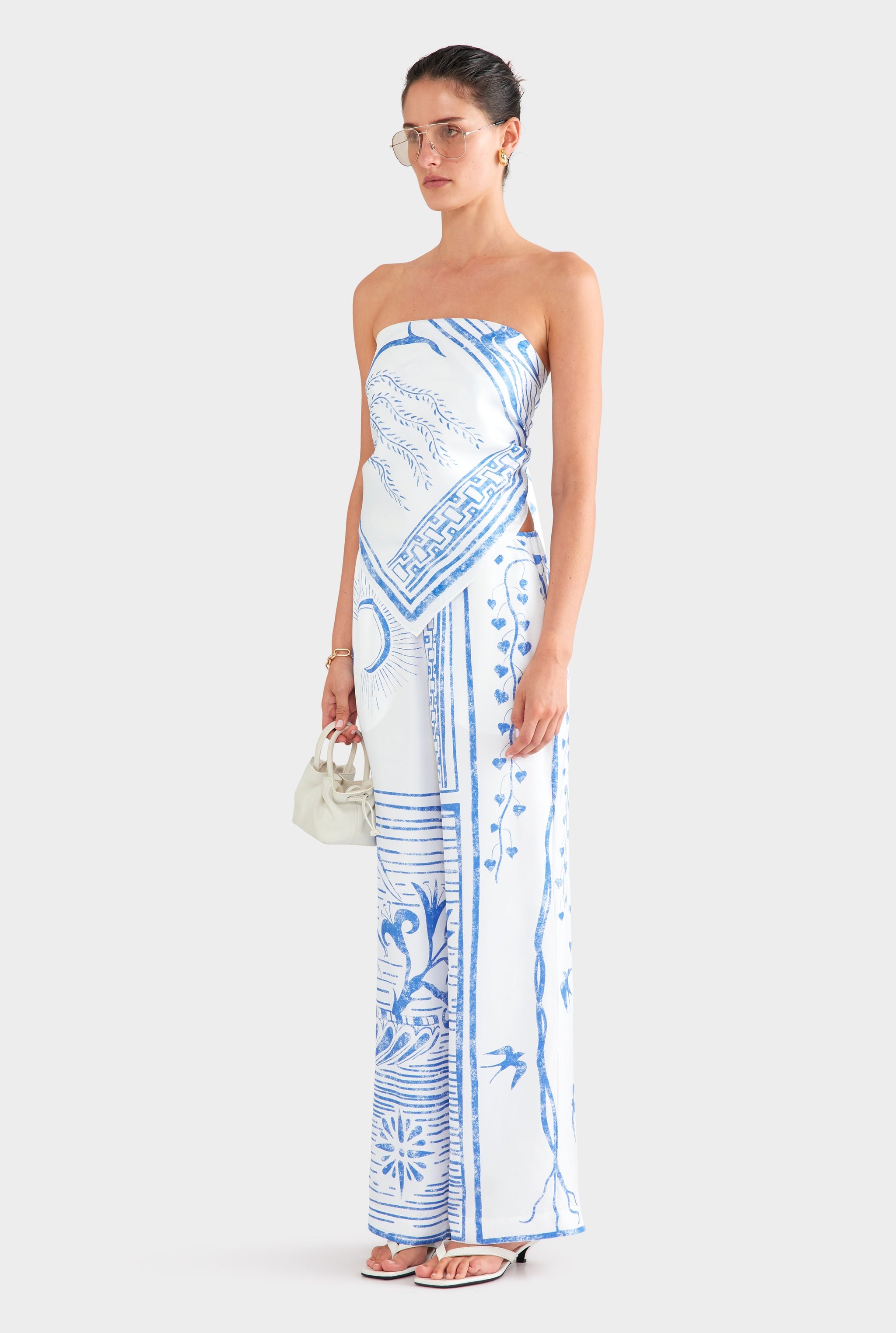 Silk Relaxed Pant - White/Blue Greek Stamp