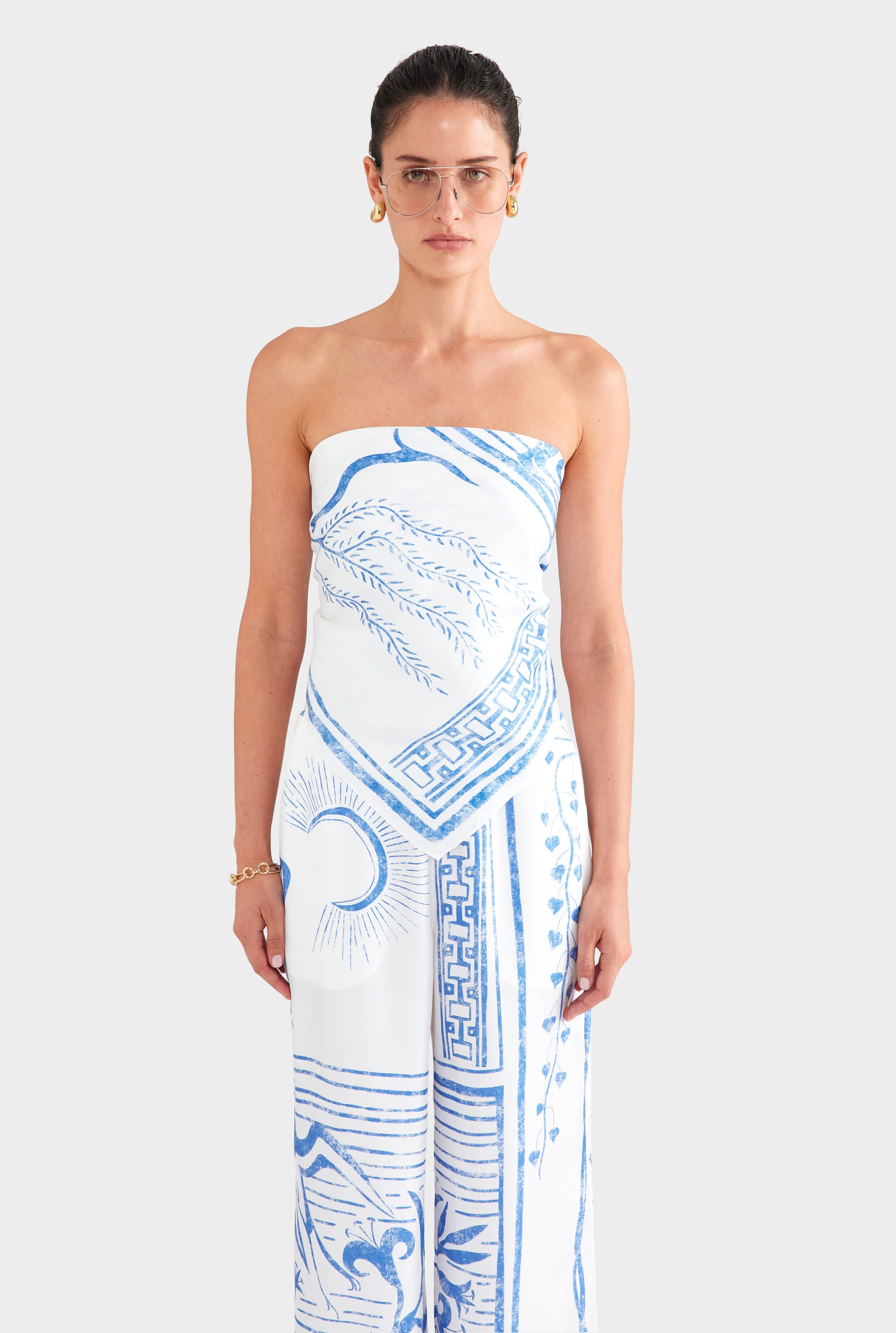 Silk Relaxed Pant - White/Blue Greek Stamp
