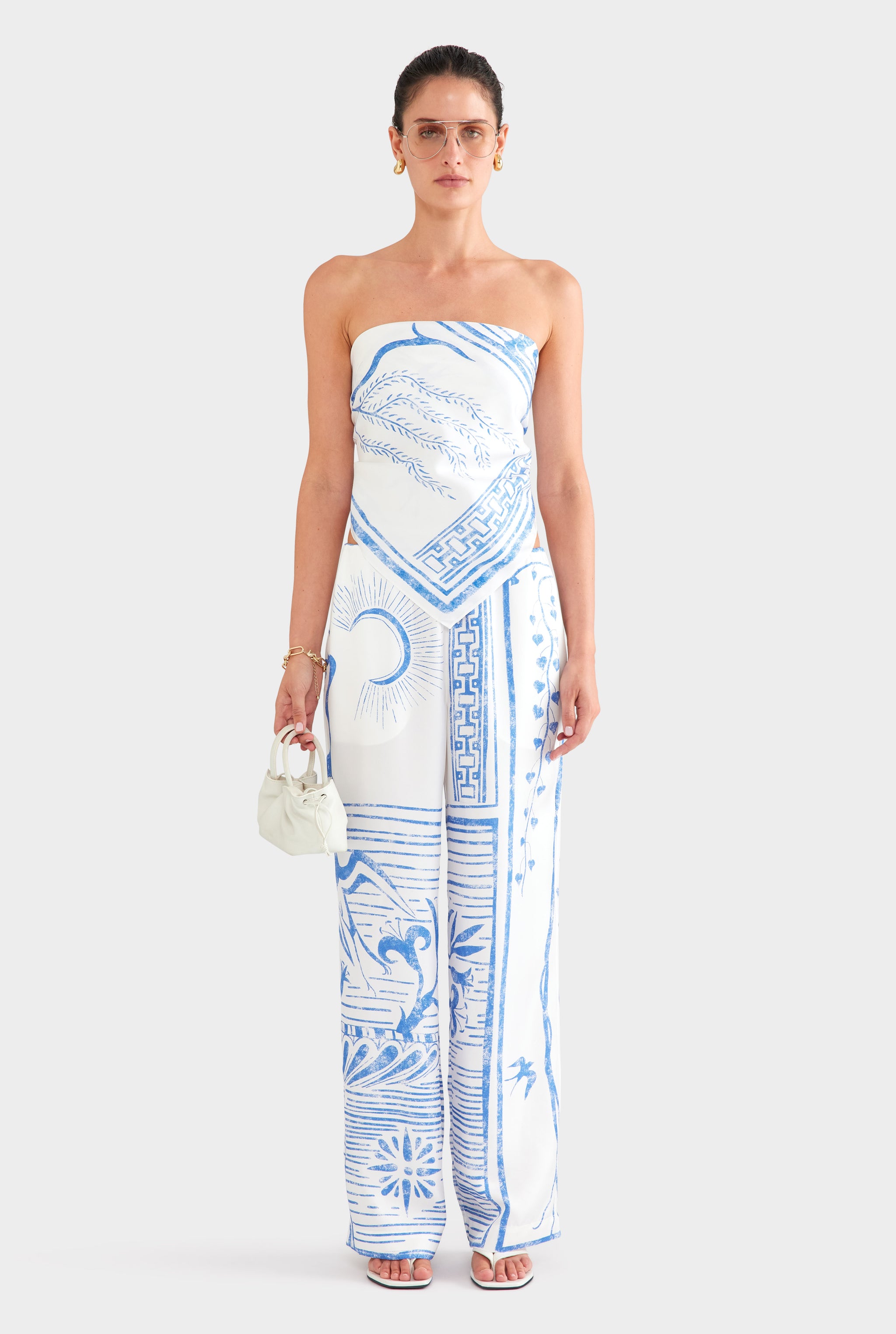 Silk Relaxed Pant - White/Blue Greek Stamp