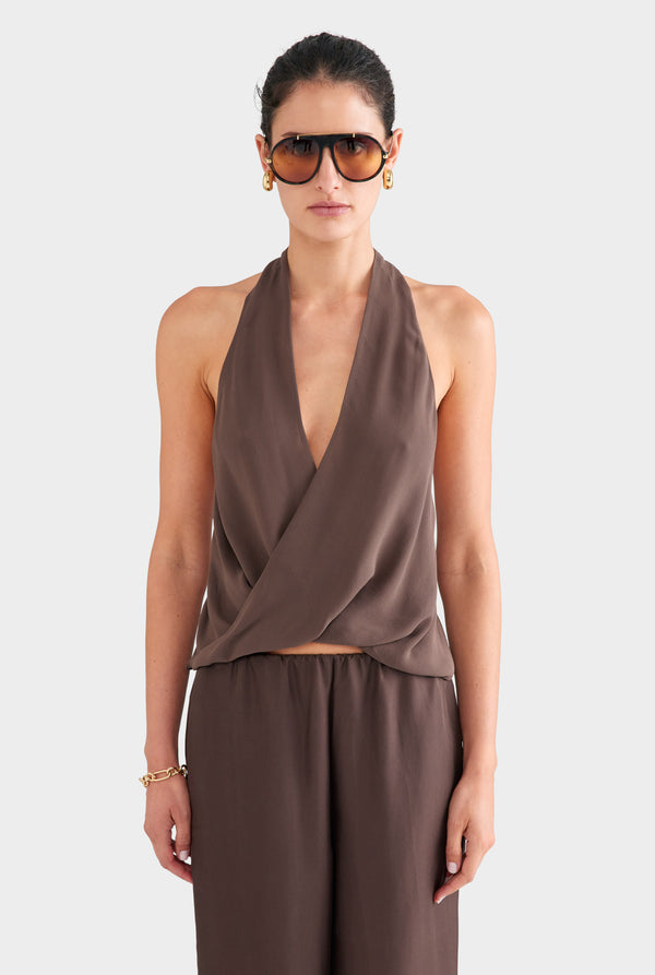 Silk Twist Plunge Top - Chocolate