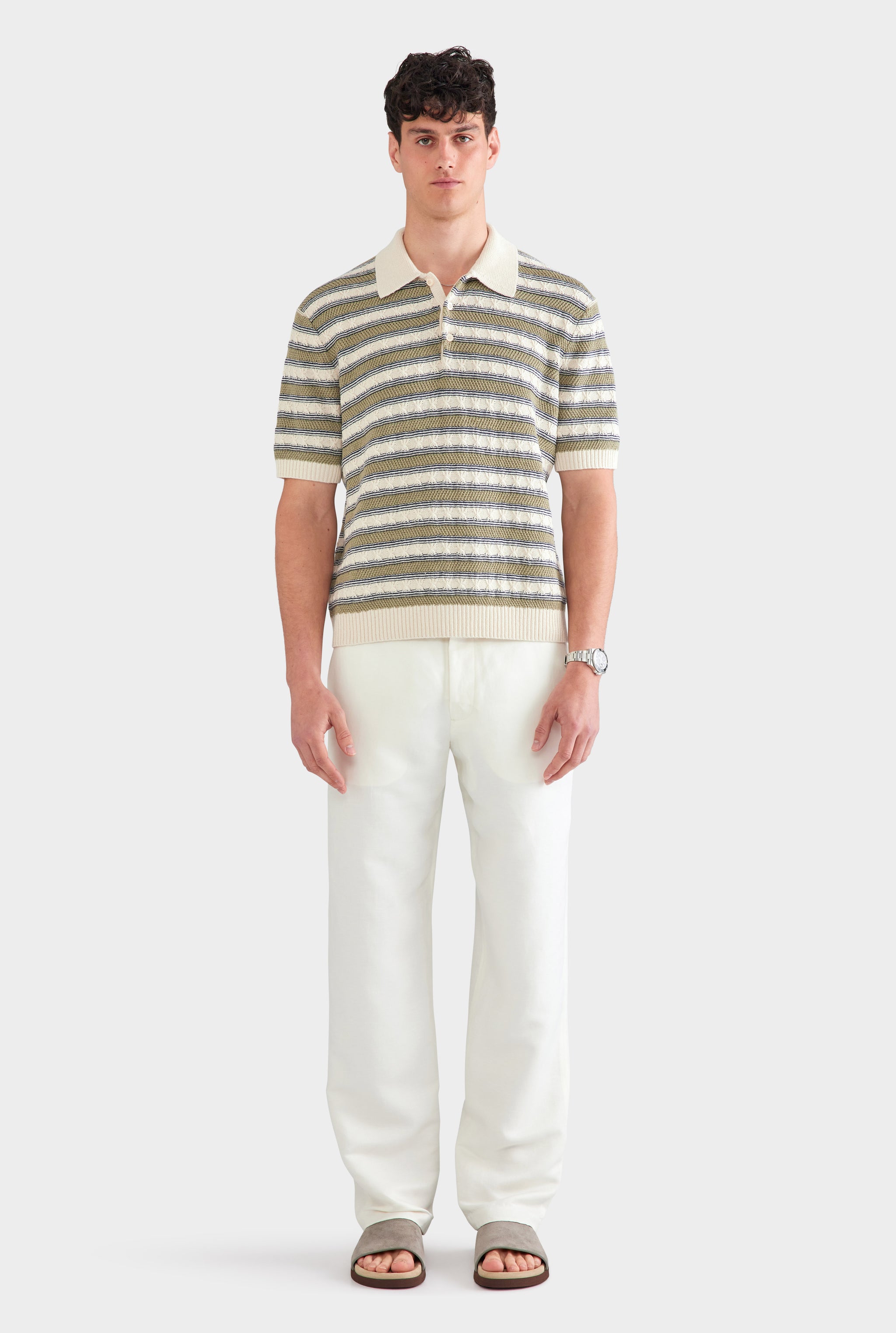 Textured Cotton Linen Knit Polo - Natural/Dark Blue/Sage Stripe