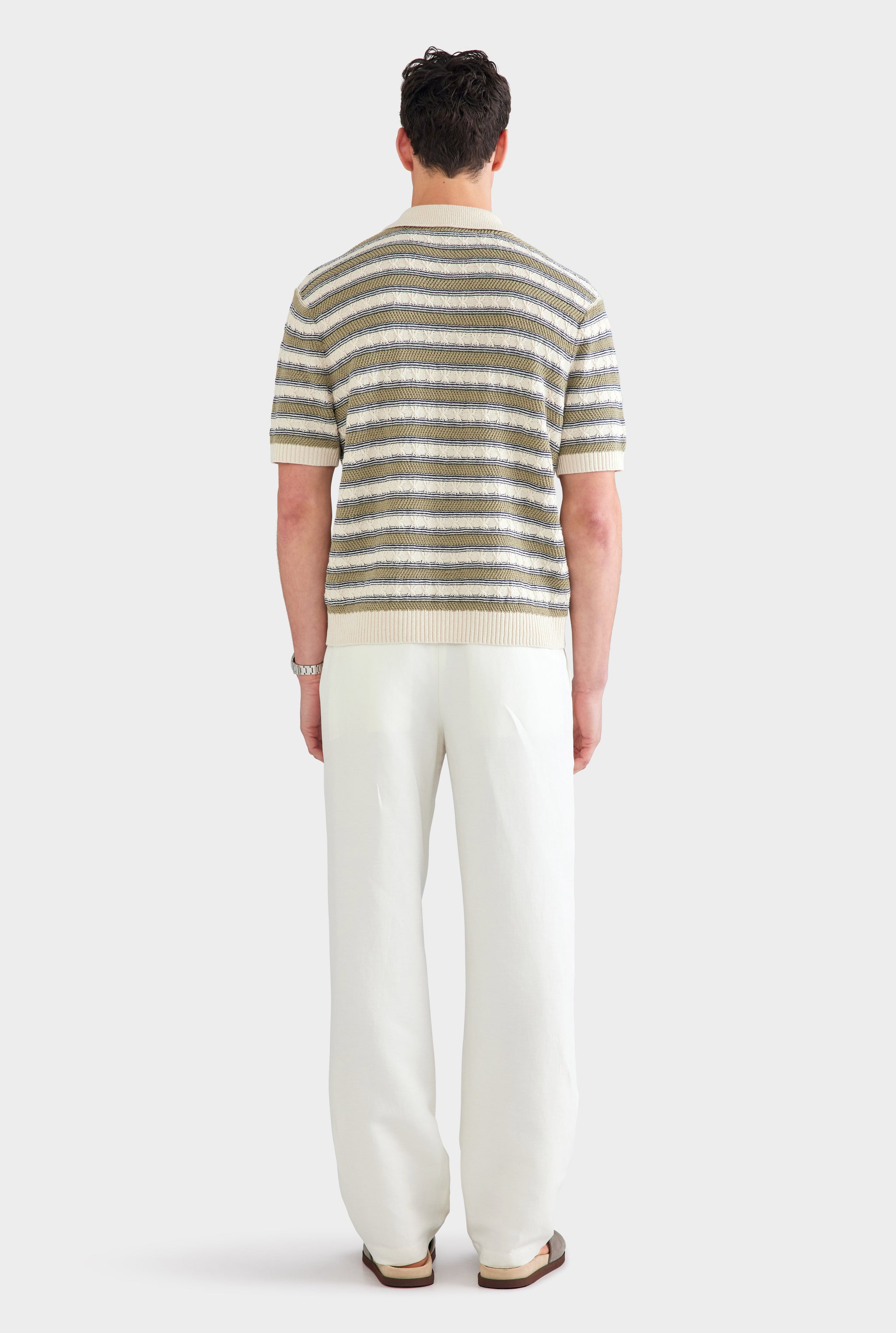 Textured Cotton Linen Knit Polo - Natural/Dark Blue/Sage Stripe