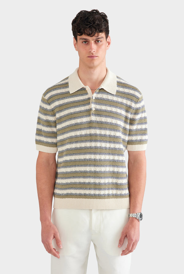 Textured Cotton Linen Knit Polo - Natural/Dark Blue/Sage Stripe