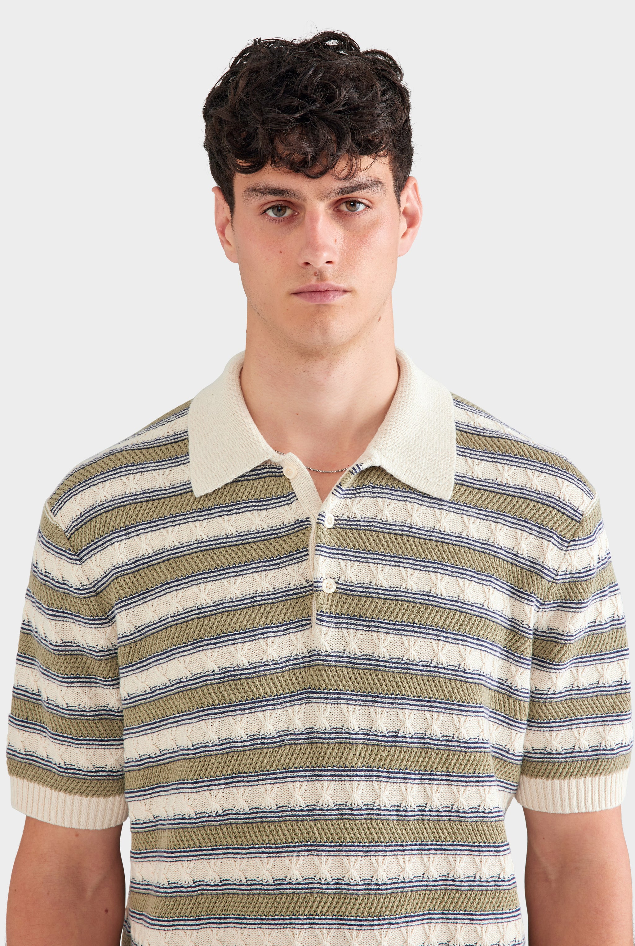 Textured Cotton Linen Knit Polo - Natural/Dark Blue/Sage Stripe