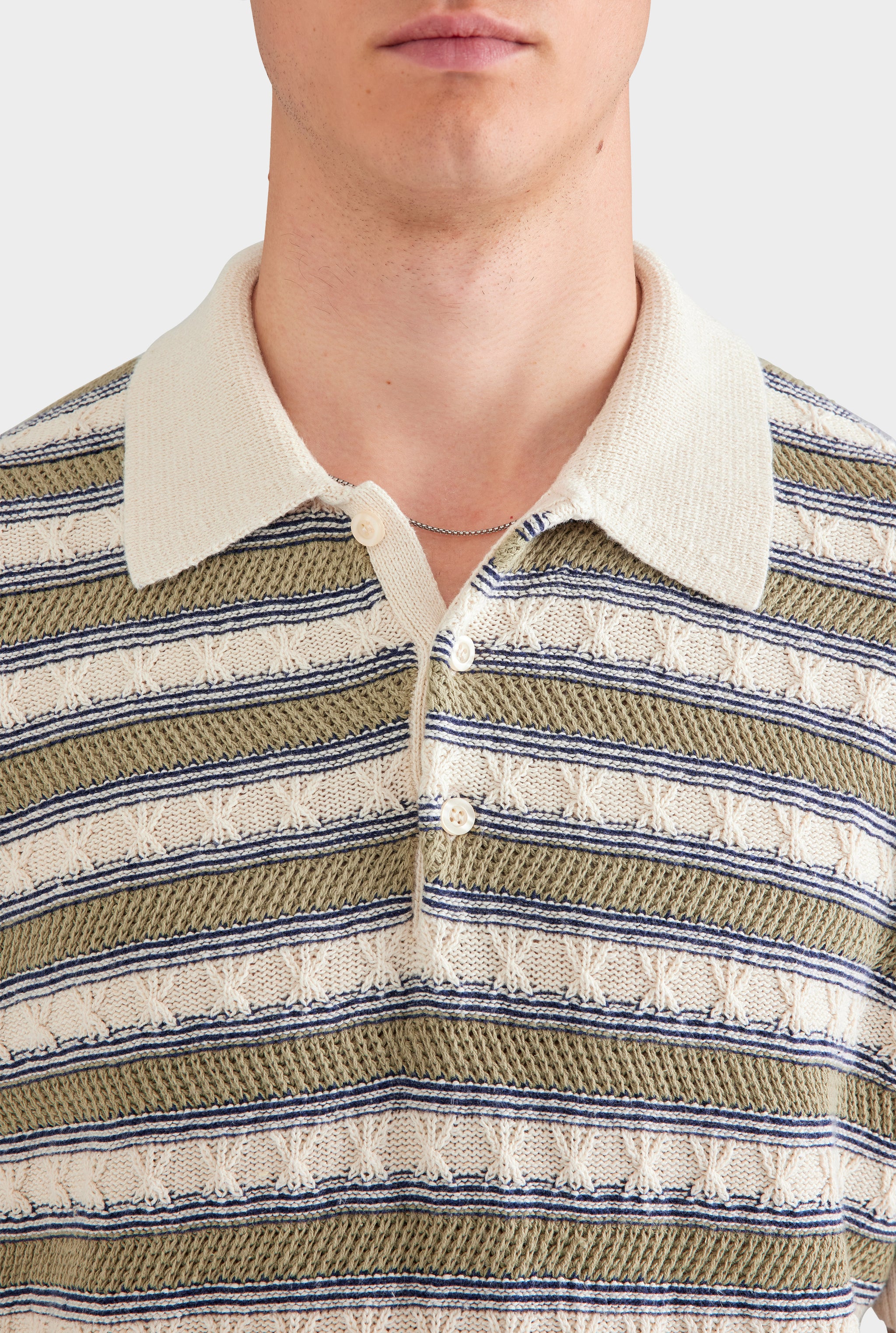 Textured Cotton Linen Knit Polo - Natural/Dark Blue/Sage Stripe