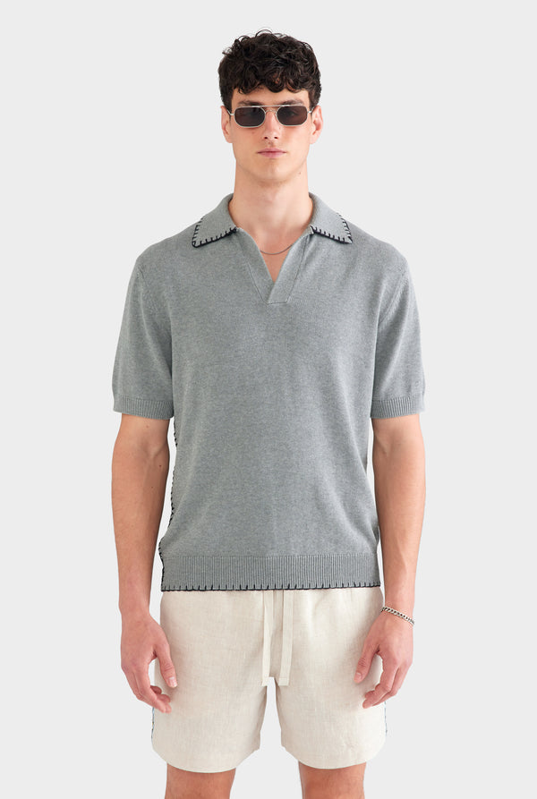 Whipstitch Chunky Cotton Knit Polo - Grey Marl/Black