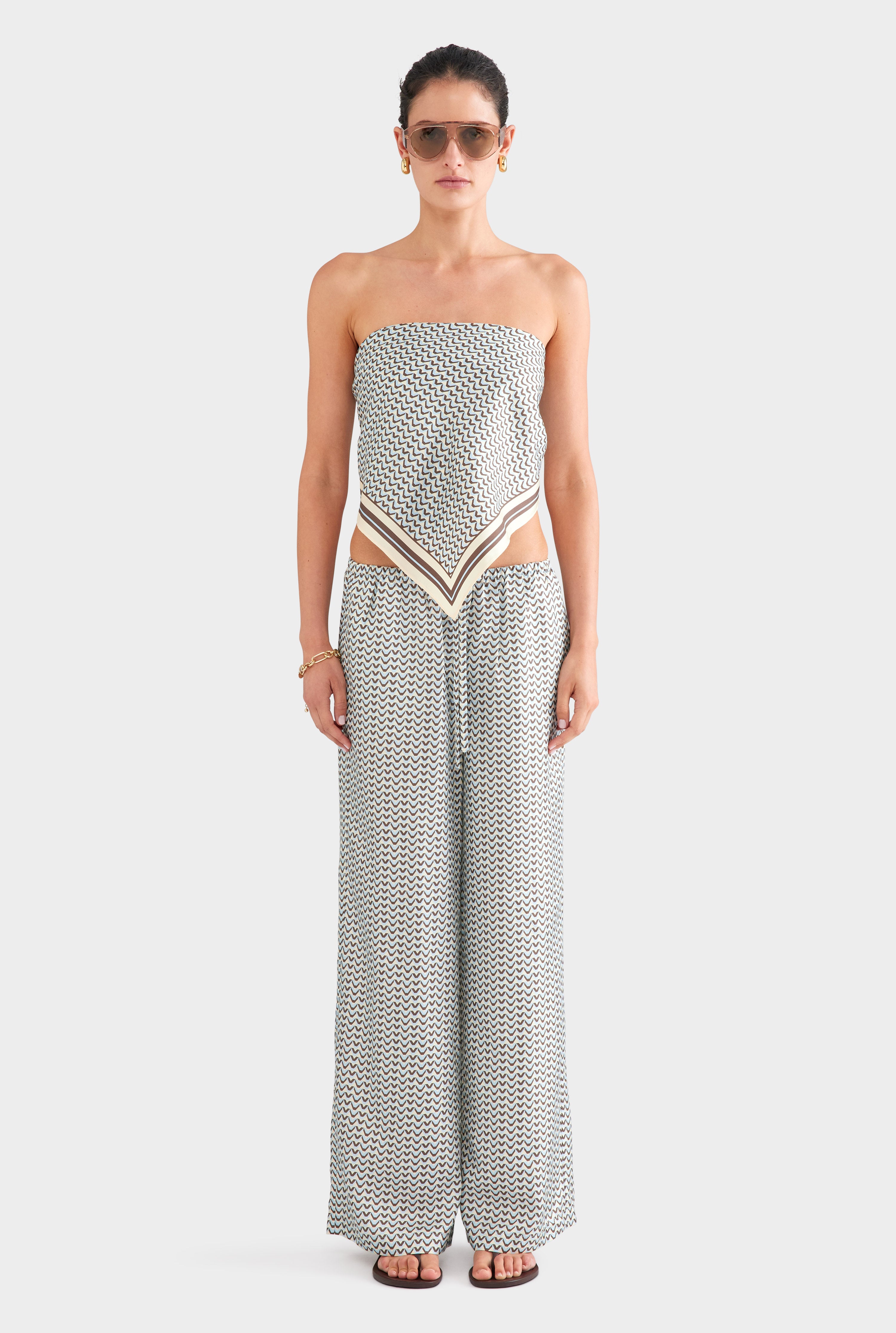 Relaxed Silk Drawstring Pant - Cream/Brown/Blue V Monogram