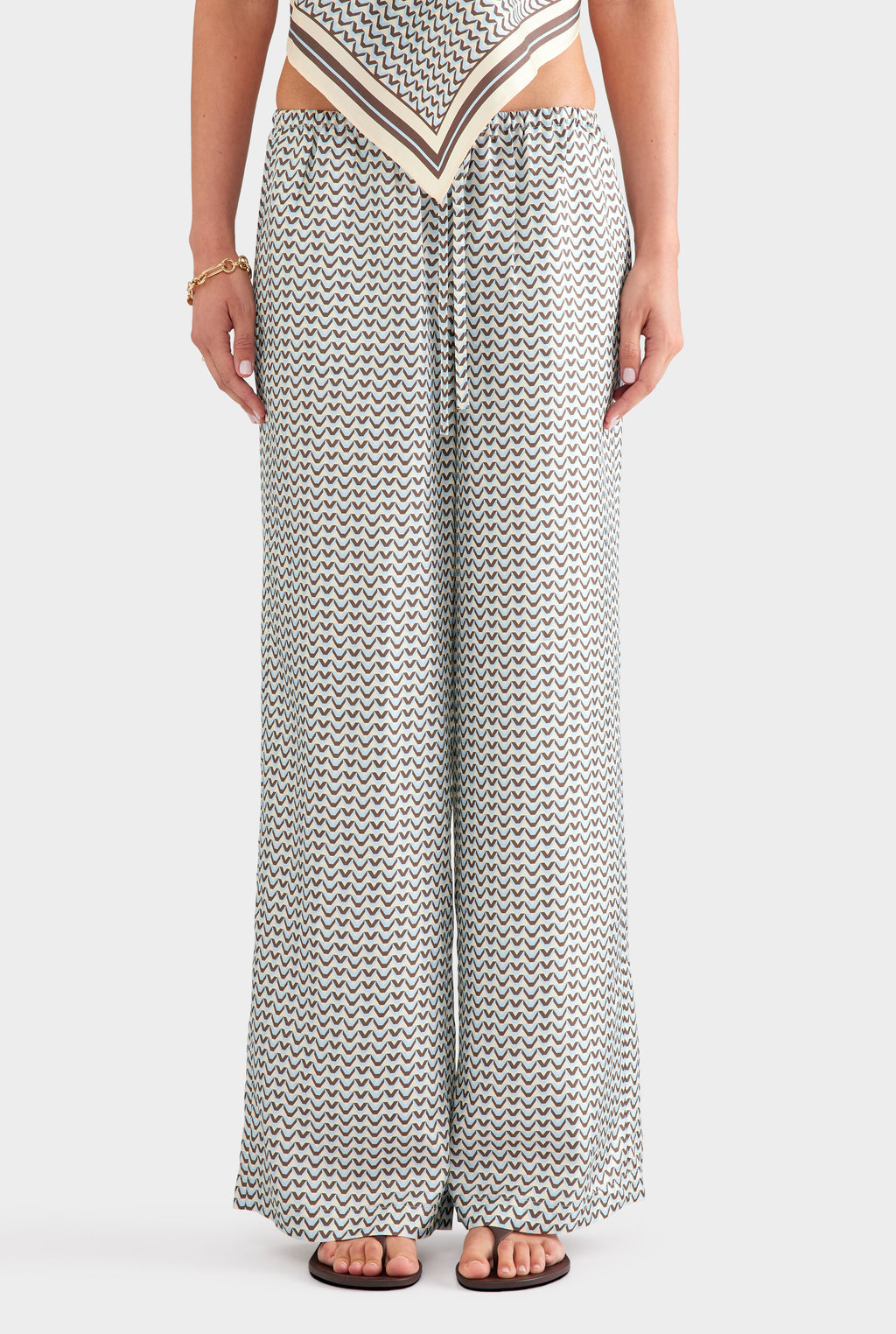 Relaxed Silk Drawstring Pant - Cream/Brown/Blue V Monogram