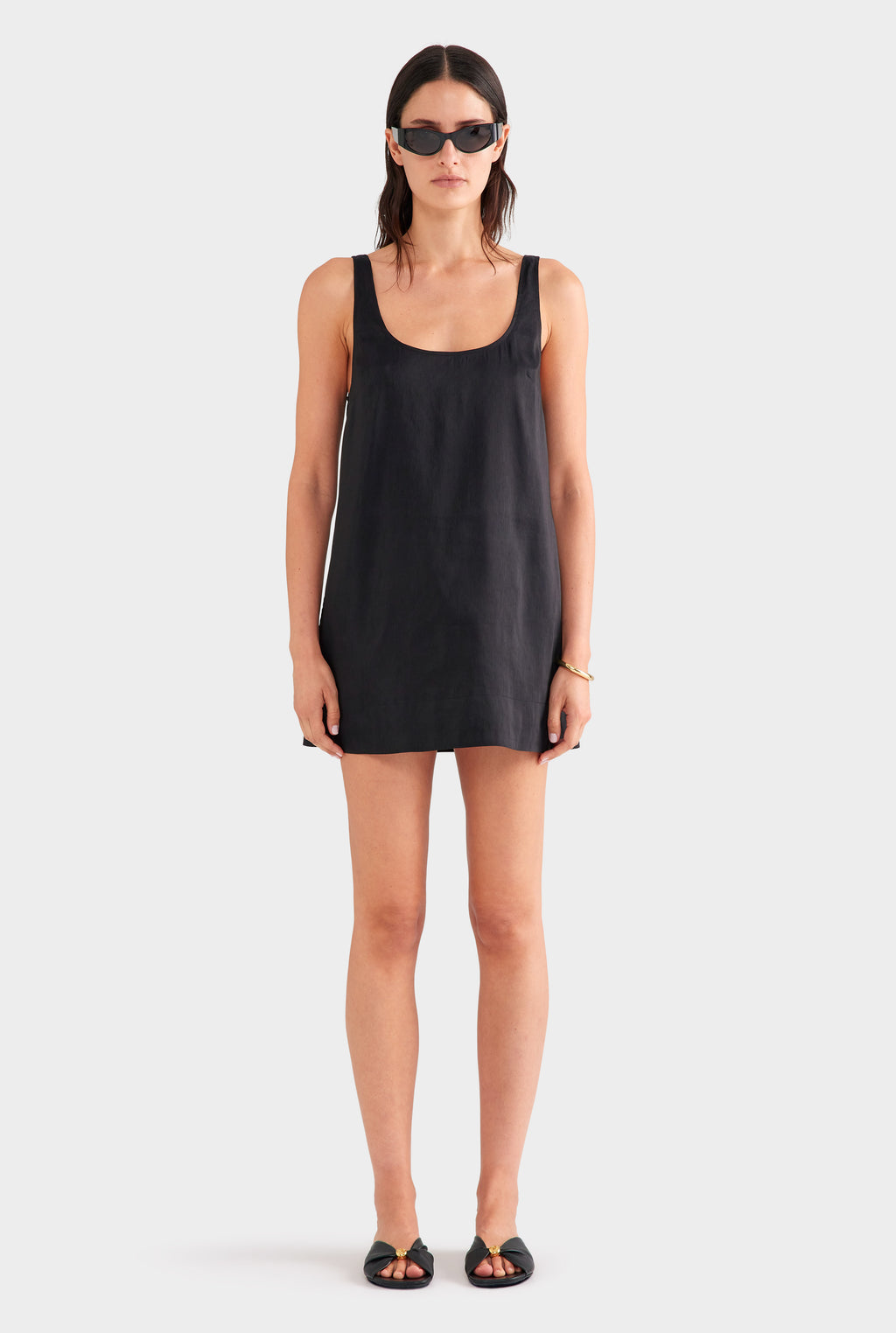 Silk Linen Shift Mini Dress - Black