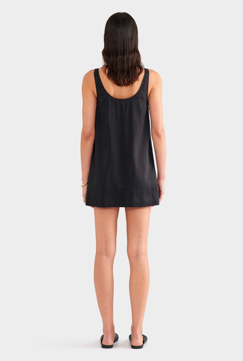 Silk Linen Shift Mini Dress - Black