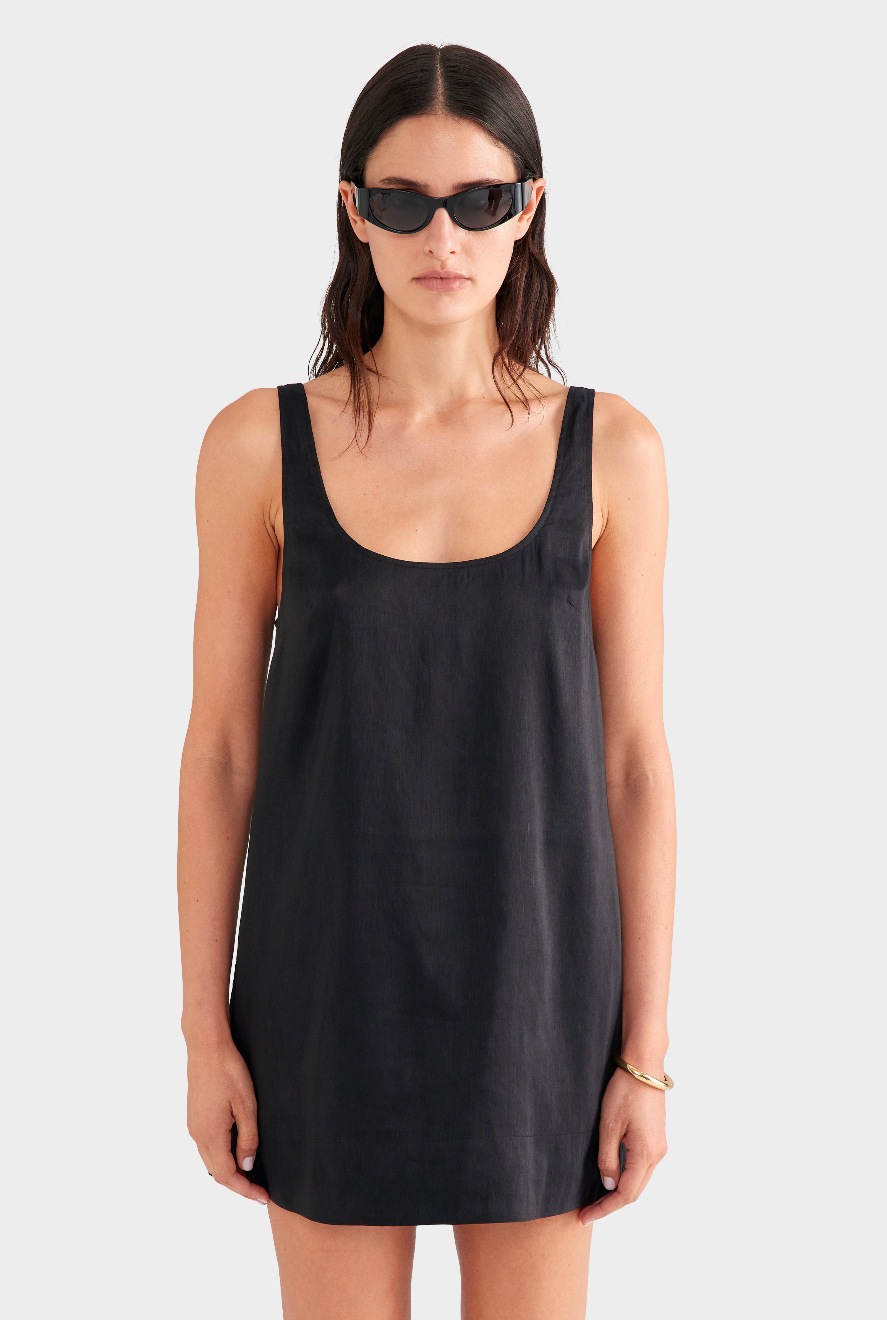 Silk Linen Shift Mini Dress Black