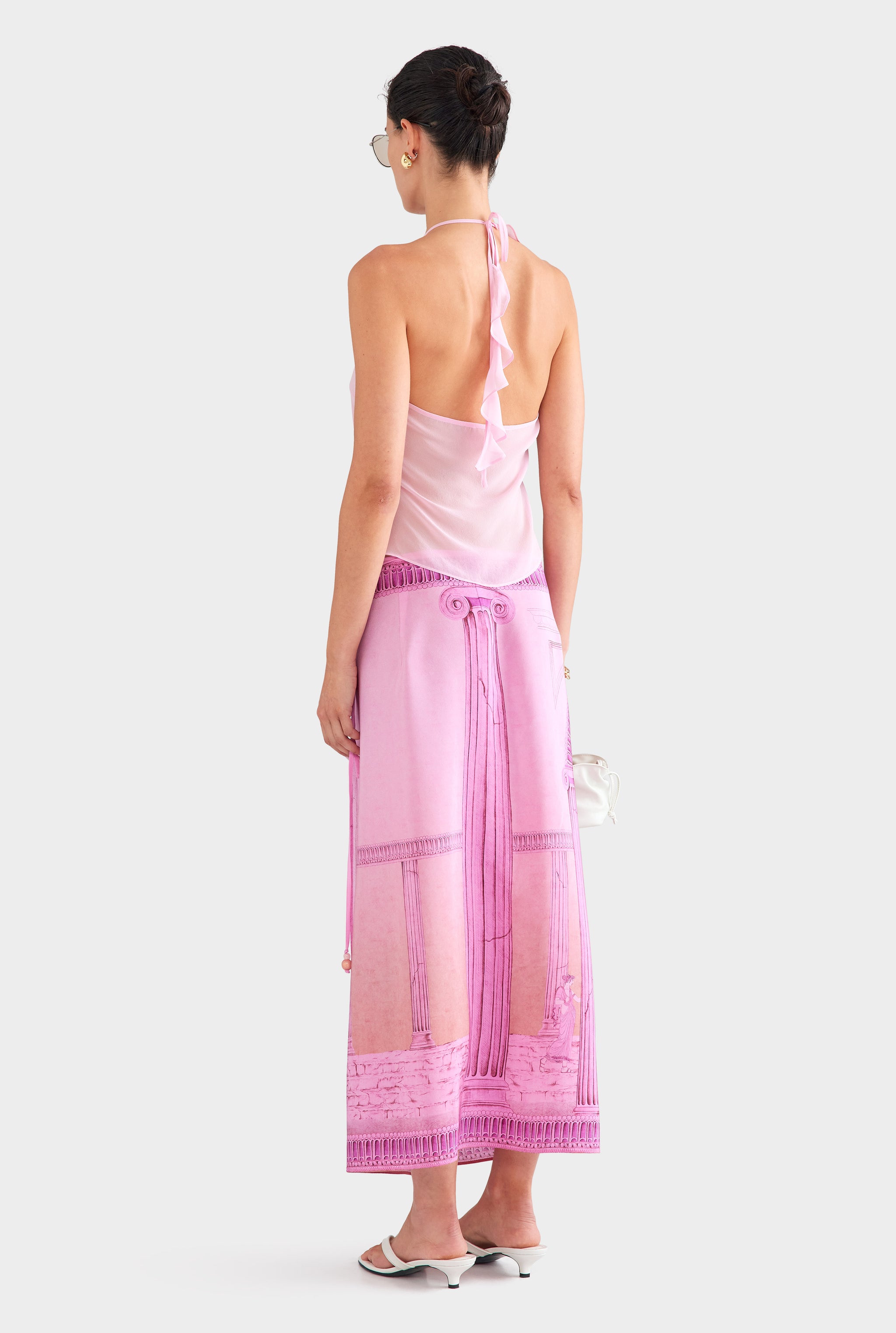 Asymmetric Ruffle Halter Top - Pink
