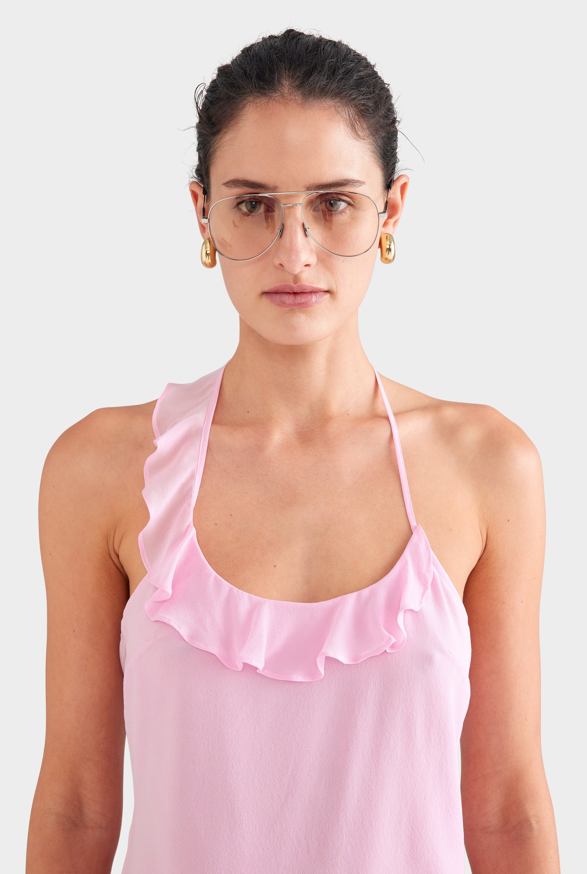 Asymmetric Ruffle Halter Top - Pink